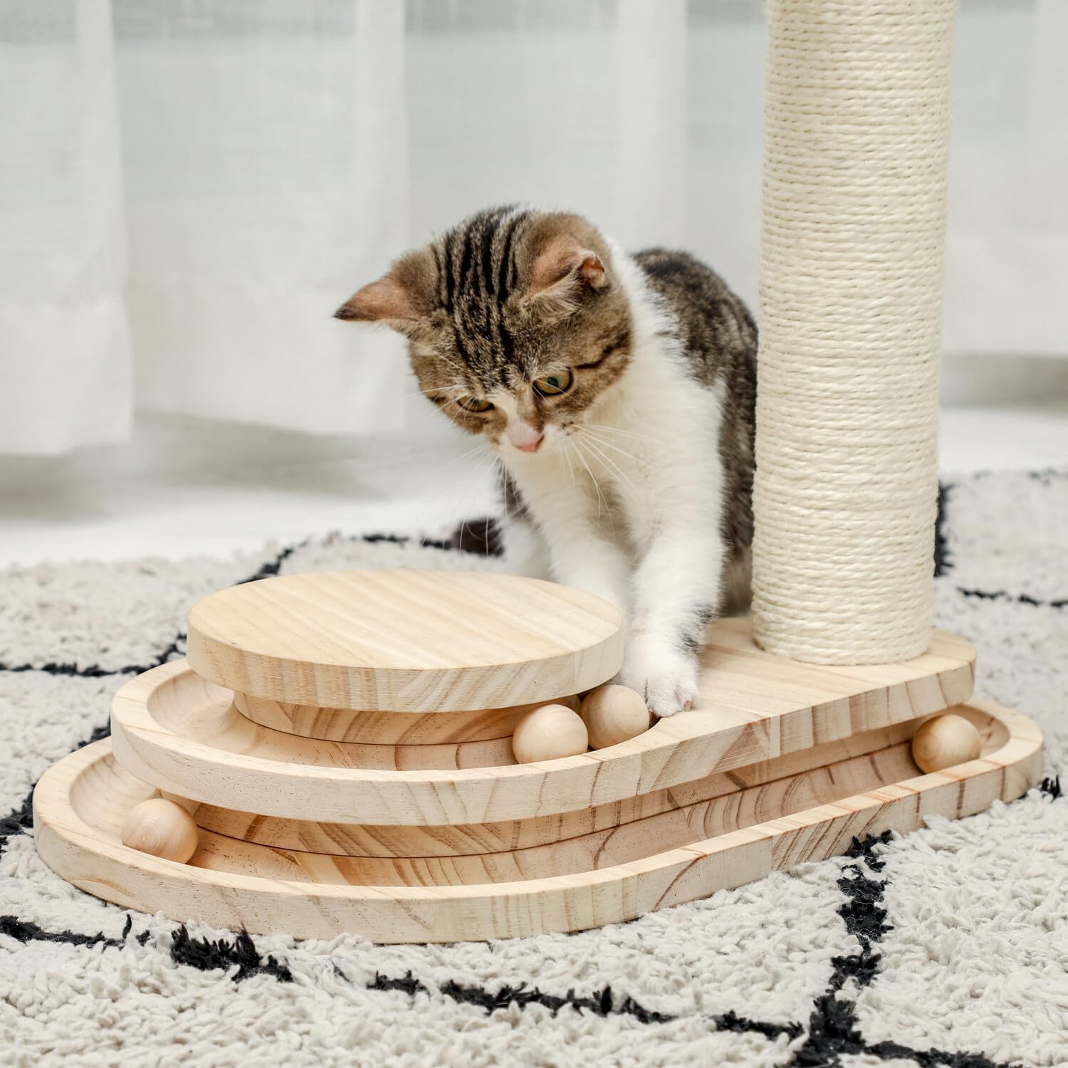 PAWZ Road Cat Scratching Post Cat Scratcher Kitten Toys for Indoor Cats Wooden Ball Track Two-Layer Modern Sisal 45Cm Tall Scratch Post Interactive Toy with Dangling Ball image number 4