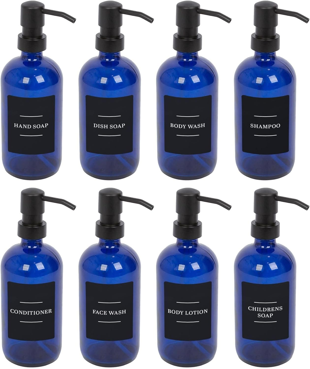 Harbour Housewares Glass Soap Dispensers with Labels - Amber/Black - 8 Pack - 500Ml Refillable Soap Dispensers Hand and Dish Liquid Pump for Bathroom, Kitchen, Laundry Room