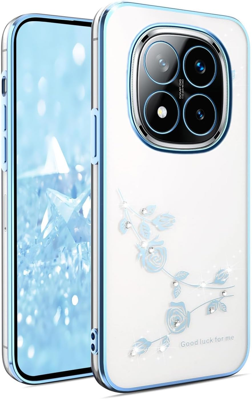 BORYA Case for Xiaomi Redmi Note 14 Pro+ Plus, Shockproof Ultra Thin Transparent Soft TPU Silicone Mobile Phone Case, Elegant Electroplated Glitter Diamond Flower Pattern Protective Case, Blue