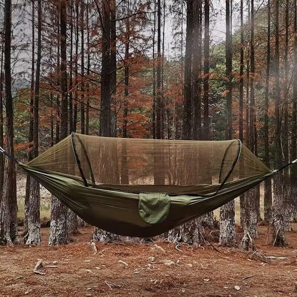 Camping Hammock with Net, Lightweight Portable Double Parachute Hammocks, 210T Nylon, High Capacity and Tear Resistance, Perfect for Camping, Backyard Relaxation (Armygreen) image number 5
