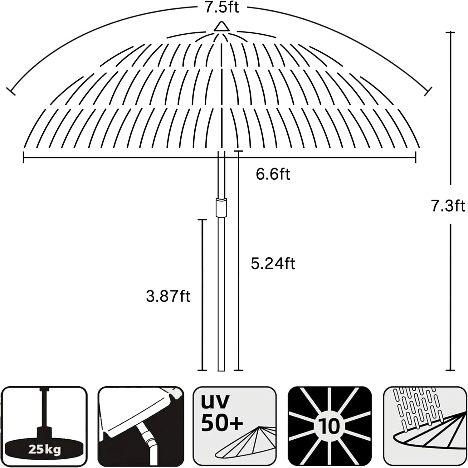 AMMSUN 2.3M Hula Thatched Tiki Umbrella Hawaiian Style Beach Patio Umbrella 10 Ribs UPF 50+ with Tilt Natural Color image number 1