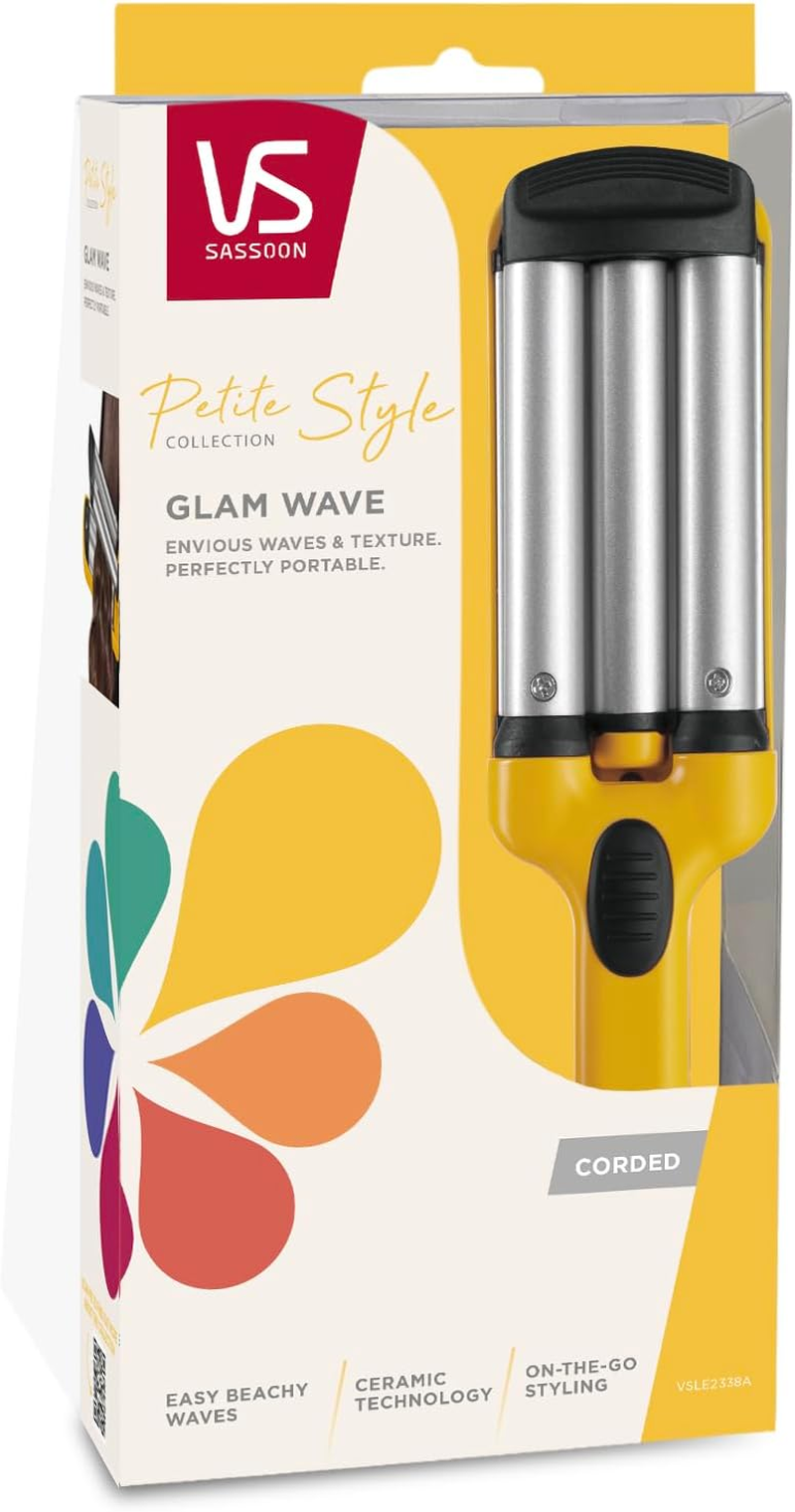 VS Sassoon Petite Style Glam Wave &ndash; Compact Triple Barrel Hair Waver for Mermaid Waves & Texture with 200&deg;C Heat, Smooth Glide Ceramic Barrels, Lightweight, Multi Voltage for Global Travel