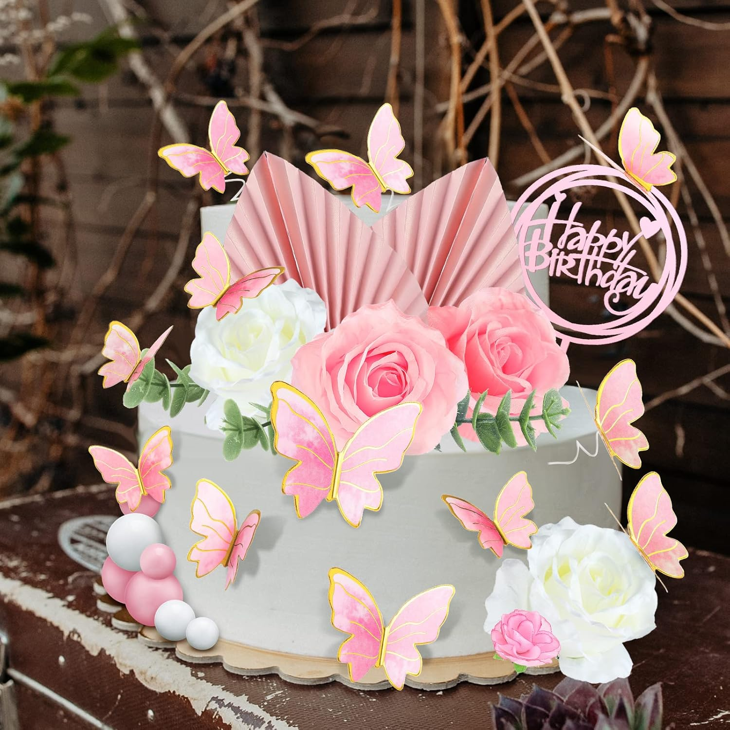 Shimeyao 52 Pcs Flower Toppers for Cake Boho Cake Topper Flower Butterfly Decorations Palm Leaves Balls Cupcake Toppers for Birthday Wedding Baby Shower Party Decoration (Pink, White)