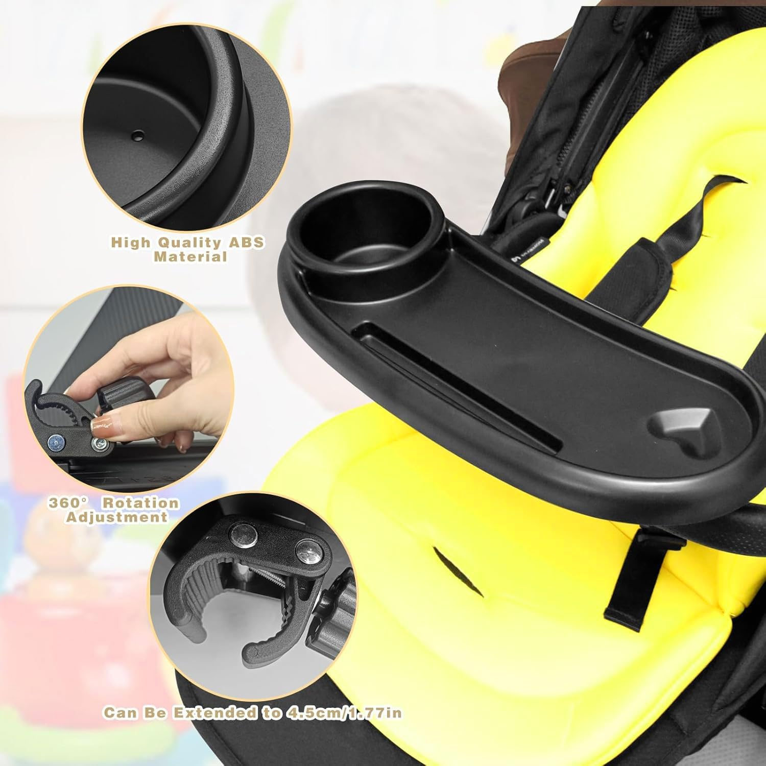 Universal Stroller Snack Tray with 3-In-1 Design, Phone Holder, Food Area, Cup Holder, Black, ABS Material, Fits Most Stroller Armrests image number 5