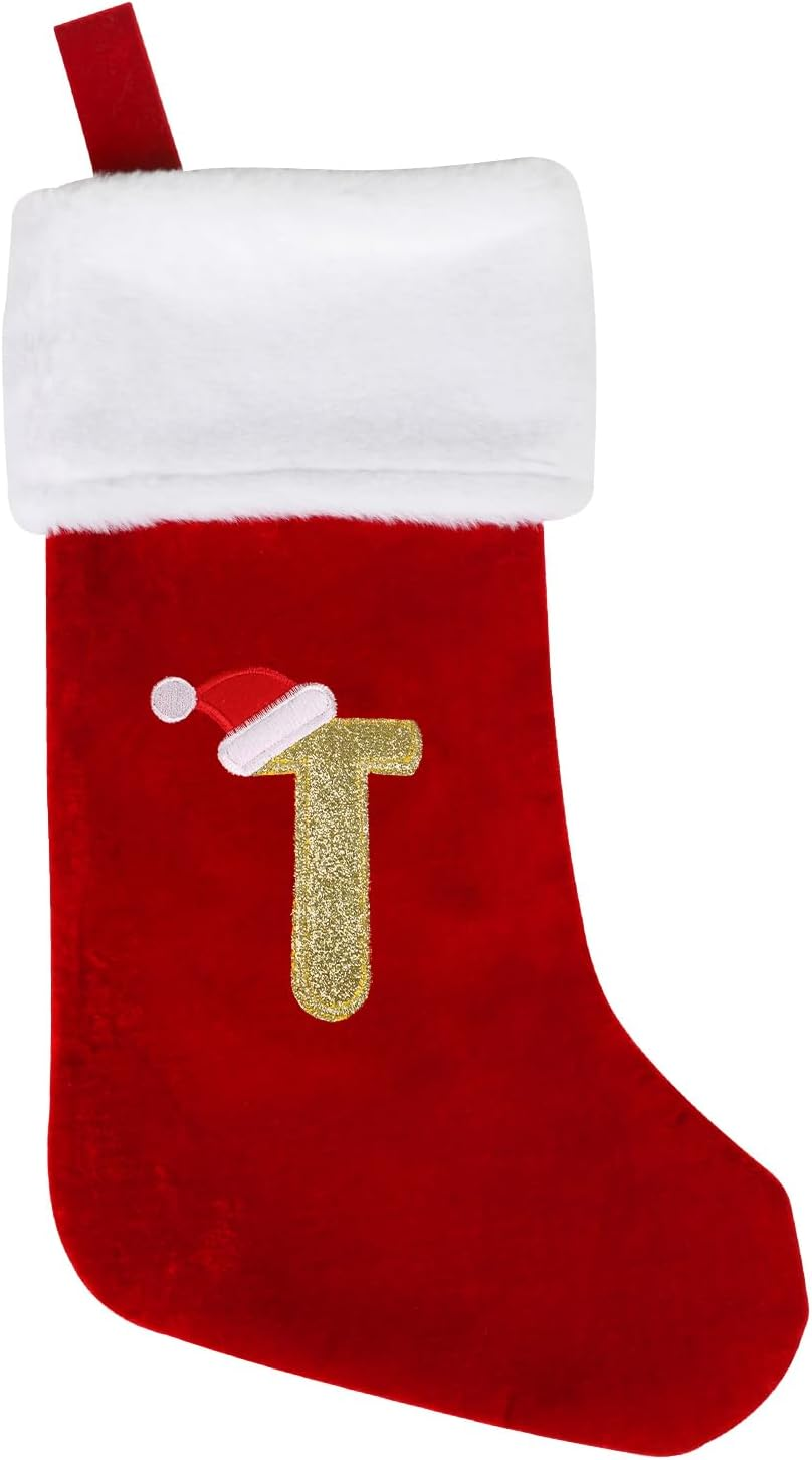 VEYLIN Embroidered Stockings Christmas 20 Inch Christmas Stockings with Letters, Plush Christmas Stockings Christmas Stockings for Kids/Adult Red Letter(T) image number 6