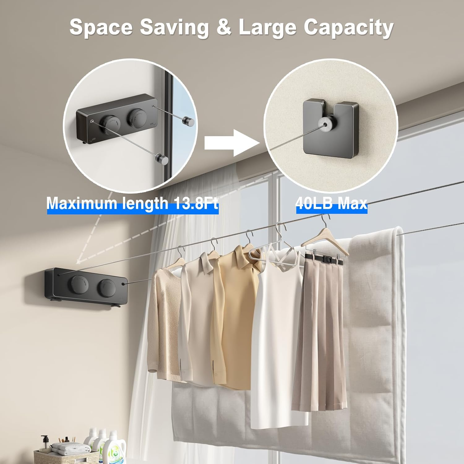 MUSTORN Clothesline Extendable Outdoor, Non-Saggy Double Rope, Retractable Washing Line Balcony Indoor Extendable for Drying Laundry Wall, Two Lines, Stainless Steel Rope, 4.2 M (Black) image number 2