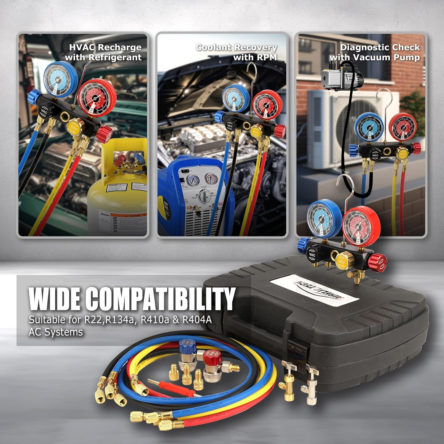 2020 UPGRATE Version 4 Way A/C Manifold Gauge Set Fits R134A R410A R404A R22 Refrigerants with 5FT Hose, 3 Acme Tank Adapters, Adjustable Couplers and Can Tap image number 1