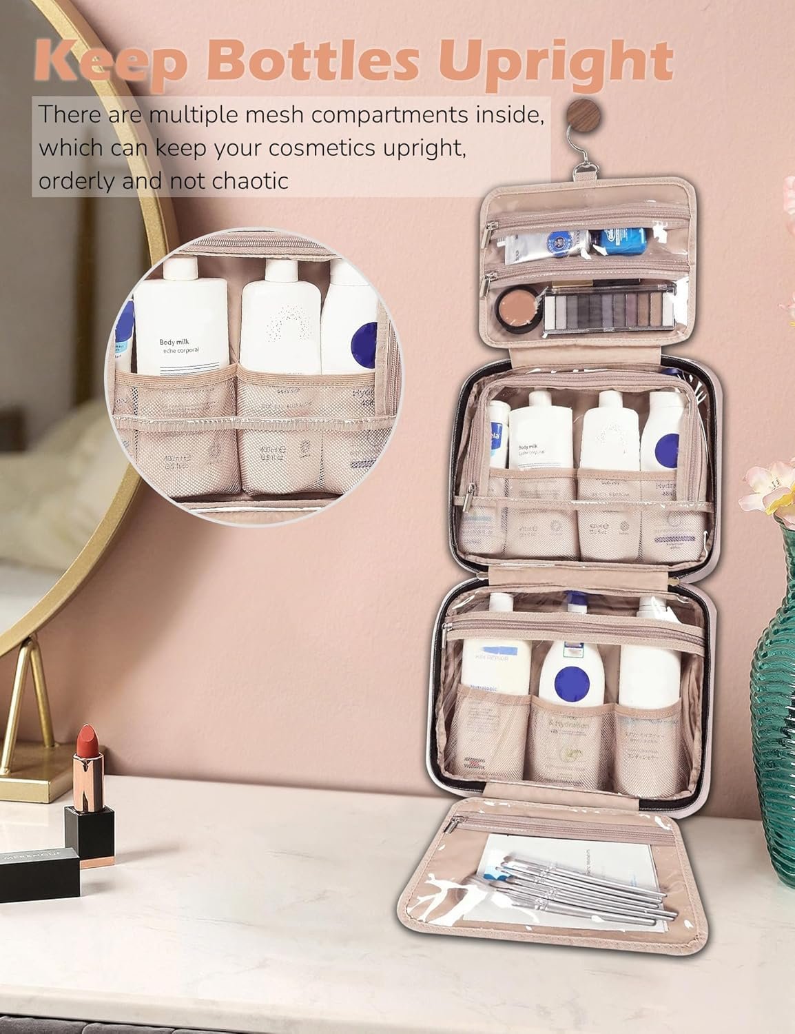 Travel Toiletry Bag for Women, Hanging Travel Bag for Toiletries, Wide-Open Makeup Pouch, Water-Resistant Large Capacity Cosmetic Travel Toiletry Organizer for Daily Use, Christmas (Blue) - Blue image number 6