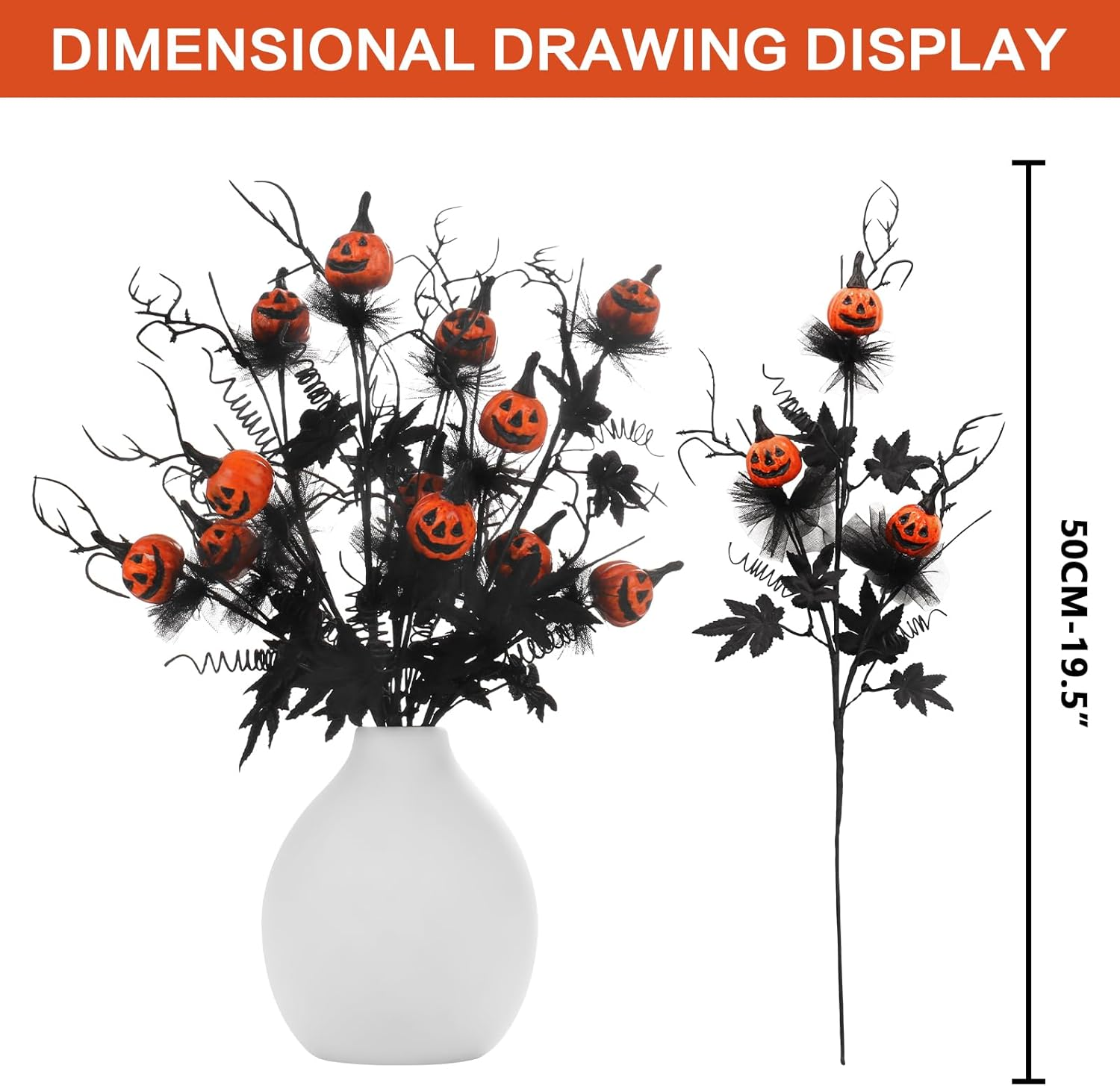 Rosecraft 5PCS Halloween Decorations, 19.5Inch Artificial Pumpkin Maple Leaf Floral Stems Halloween Branches Decoration, for Home Indoor Party Vase Arrangement Decor（Black/Orange）. image number 3