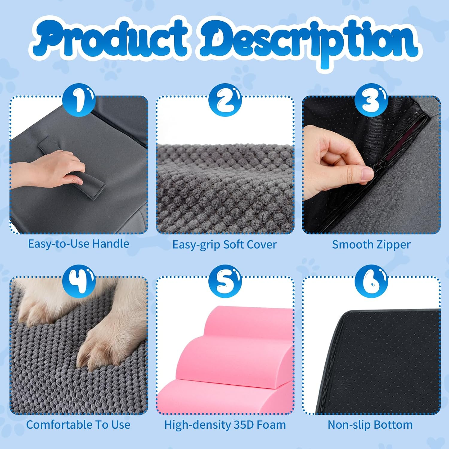 Dog Stairs Ramp Pet Steps 24/35/59Cm Adjustable Height Extra Wide Dog Ramp with Portable Handle Removable Washable Cover Non-Slip Bottom for Small Elderly Short-Legged or Injured Dogs and Cats image number 4