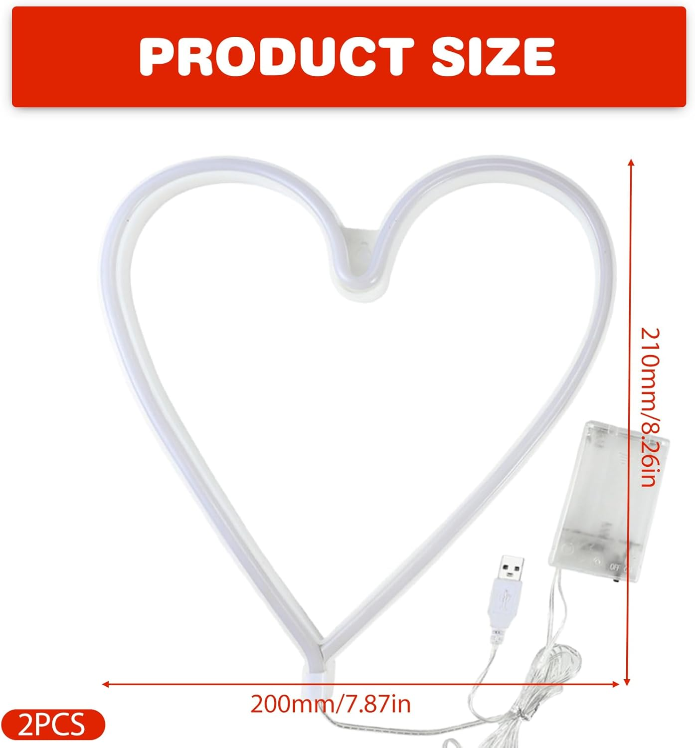 Pack of 2 Red Heart Neon Sign, LED Neon Light, Usb/Battery Light Advertising, Wall Signs Wall Decoration for Valentine'S Day, Wedding, New Year, Anniversary (21 X 20 Cm) image number 5