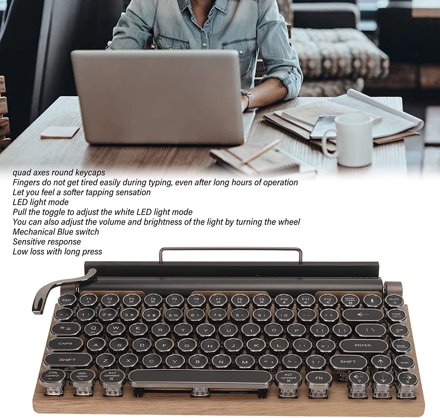 Retro Typewriter Keyboard, 83 Keys Electric Typewriter Vintage with Mechanical Bluetooth 5.0, 7 Color RGB Lighting 2000Mah Keyboard with Metal round Cap for Desktop PC Laptop Phone (Wood Grain Color)