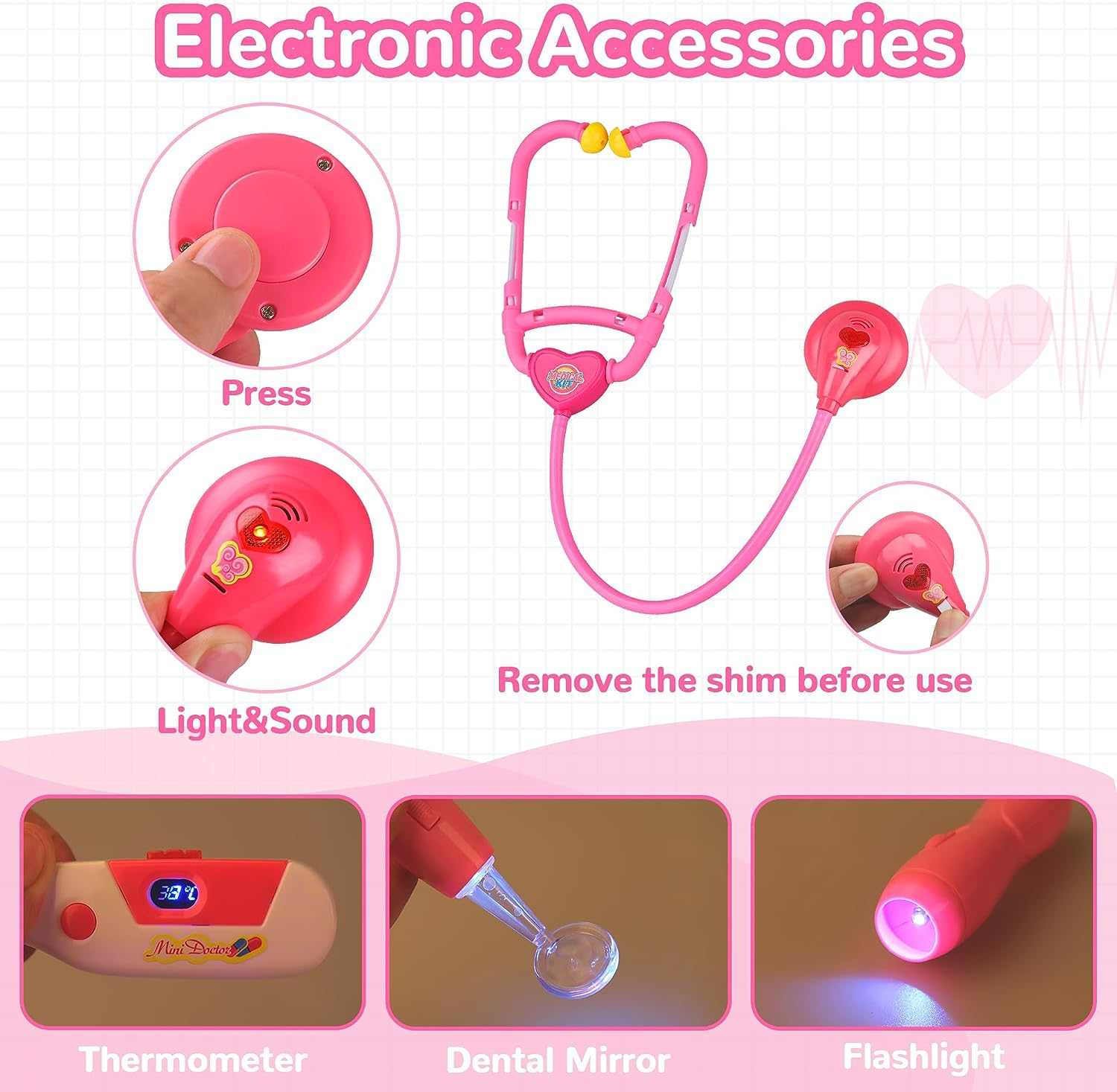 Doctor Kit for Kids, 33 PCS Durable Doctor Toy Dentist Medical Kit with Stethoscope and Doctor Costume, Pretend Play Doctor Playset for Toddler Boys Girls 3 4 5 6 Years Old (Pink Doctor Kit) image number 1