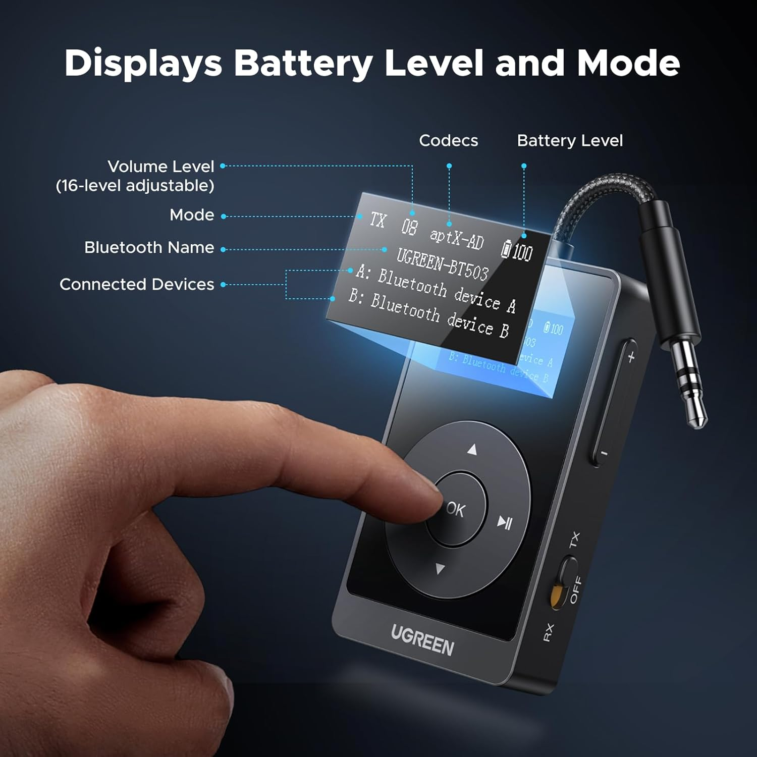 UGREEN Airplane Bluetooth 5.3 Transmitter Receiver for 2 Airpods, Aptx Adaptive/Hd Audio 3.5M Aux Bluetooth Adapter for Airplane TV Wireless Headphones, Travel Essentials for Flying image number 3