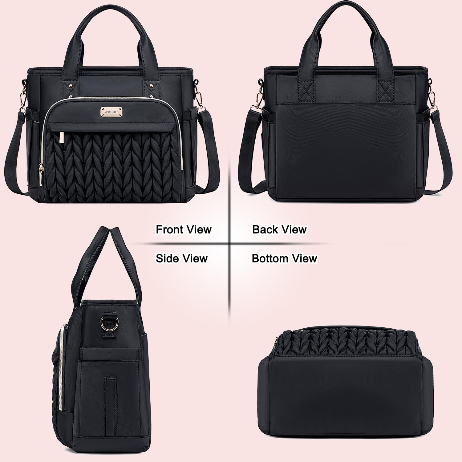 Weitars Insulated Lunch Bag for Women,Leak Proof Lunch Box for Work,Extra Large Lunch Tote Bag with Removable Shoulder Strap with Side Pockets,Reusable Lunch Bag for Picnic Hiking (Black-02) - Gray image number 4