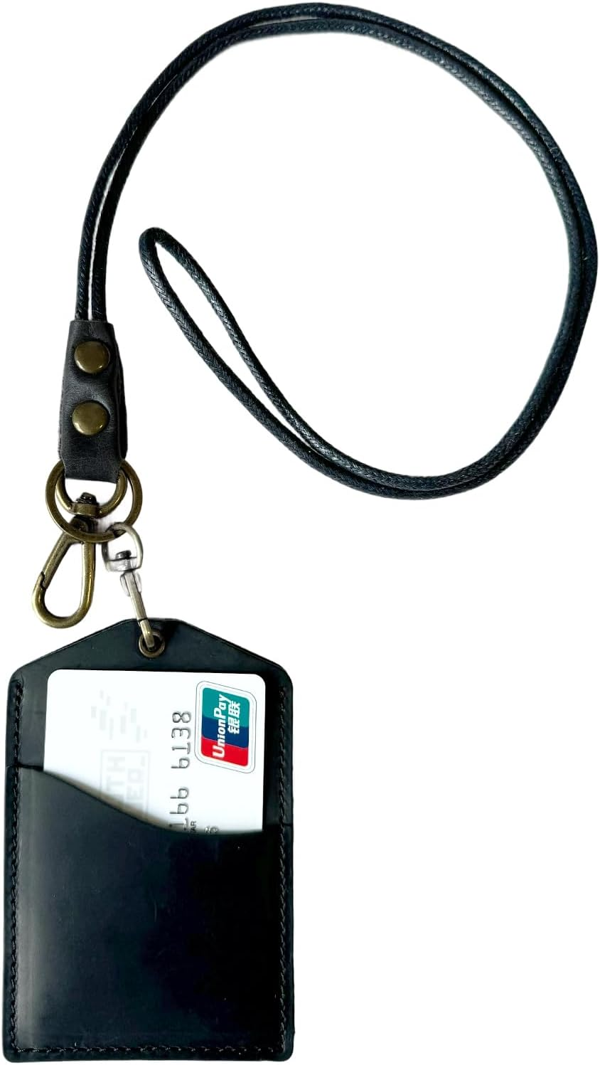 Badge Holder Vertical Handmade Leather ID Card Badge Holder Keychain with Heavy Duty Lanyard for Men Women-Black - Black 02 image number 5