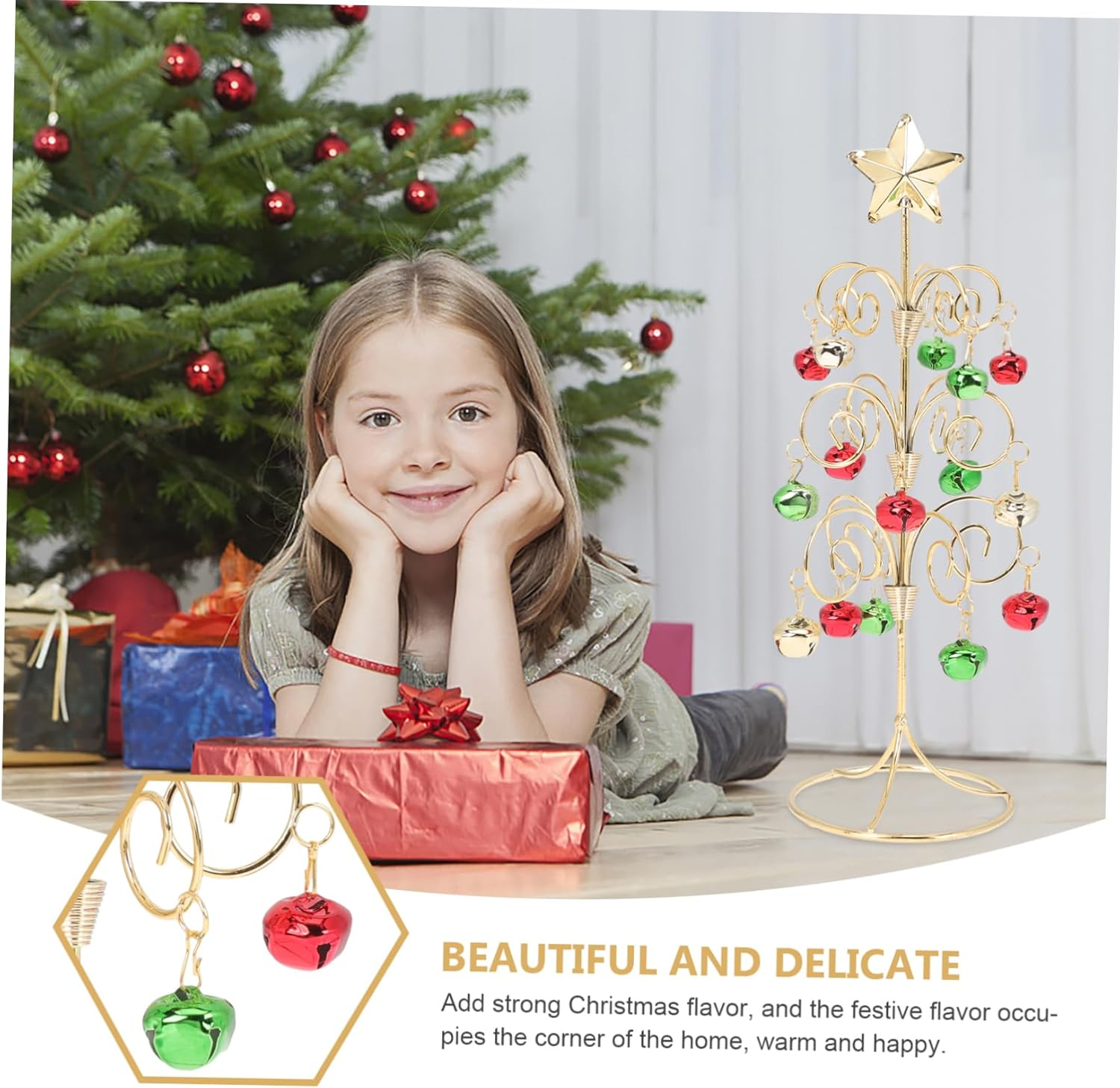 Mini Christmas Tree Ornament Iron Tabletop Xmas Tree Decor Bells and Ornaments Chic Holiday Adornment for Home Office Cafe and Restaurant image number 1