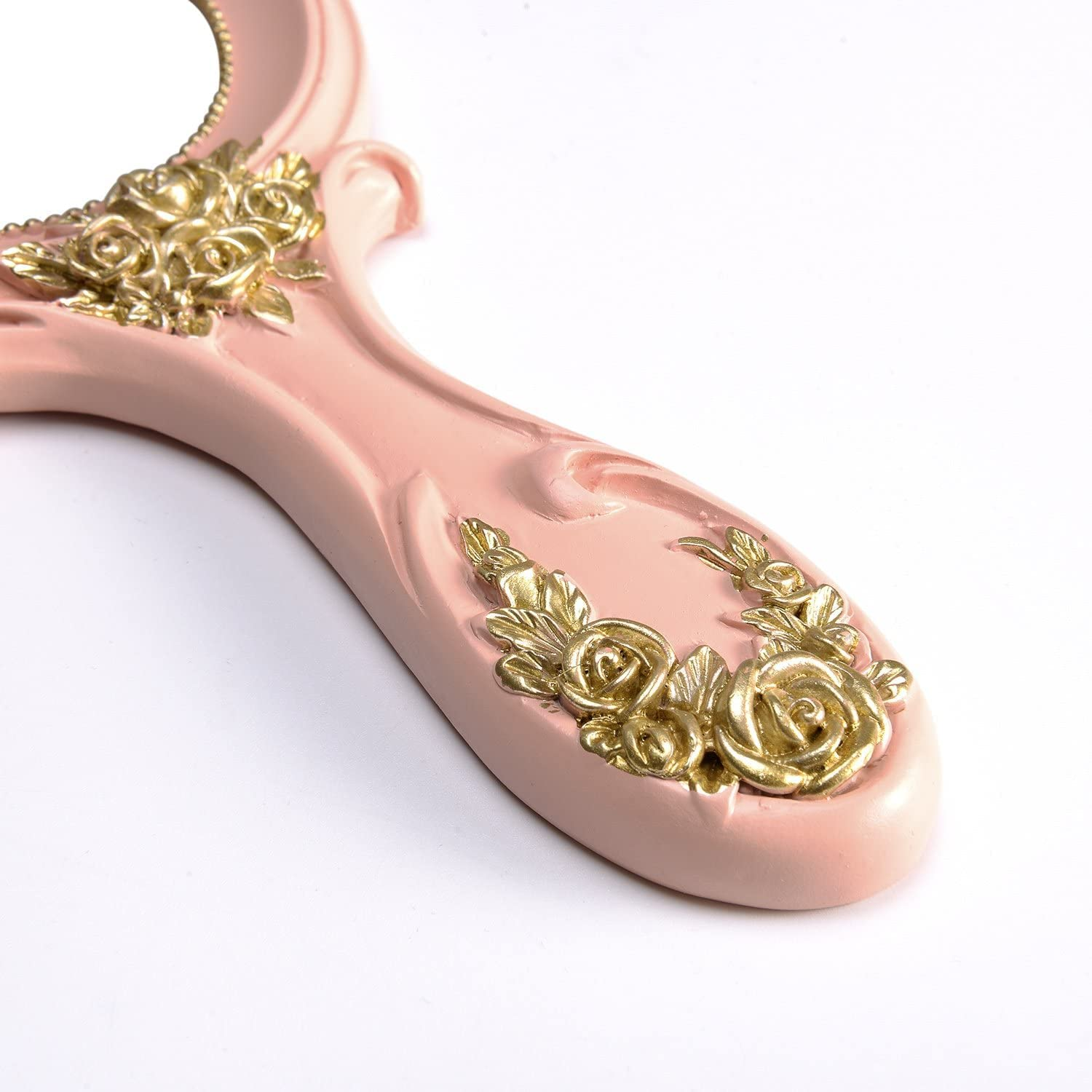 Nerien Vintage Style Rose Hand Held Mirror Princess Oval Vanity Mirror Pink image number 6