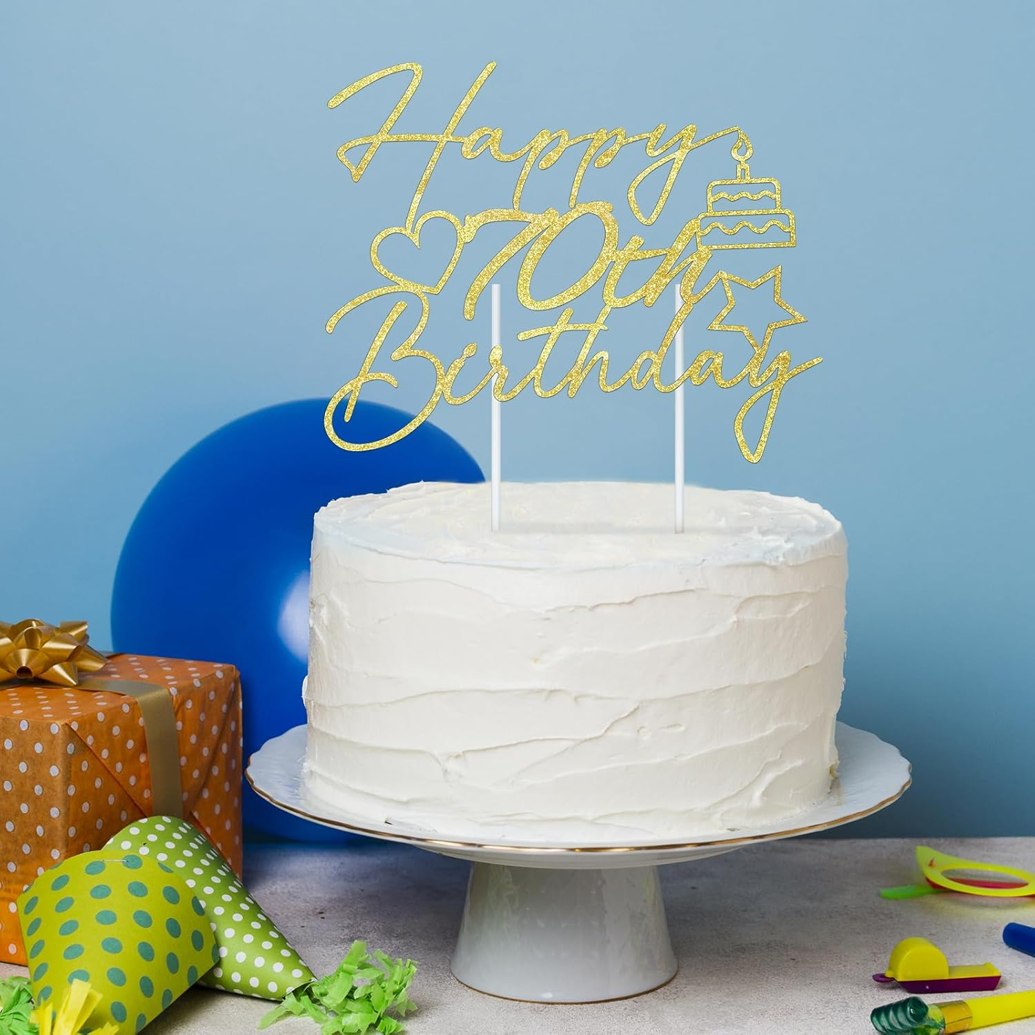 Buziba Happy 70Th Birthday Cake Toppers Gold Glitter Heart Star Cake Decorations for Birthday Themed Party Supplies (70Th) image number 6