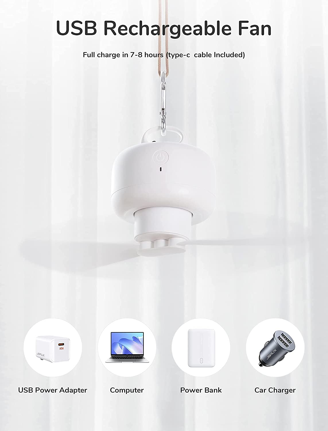 JISULIFE 8000Mah Camping Fan Battery Operated, USB Rechargeable with Remote Control, Removable Fan Blades, Hanging Hook, Timer, 4 Speeds for Outdoor-White image number 3