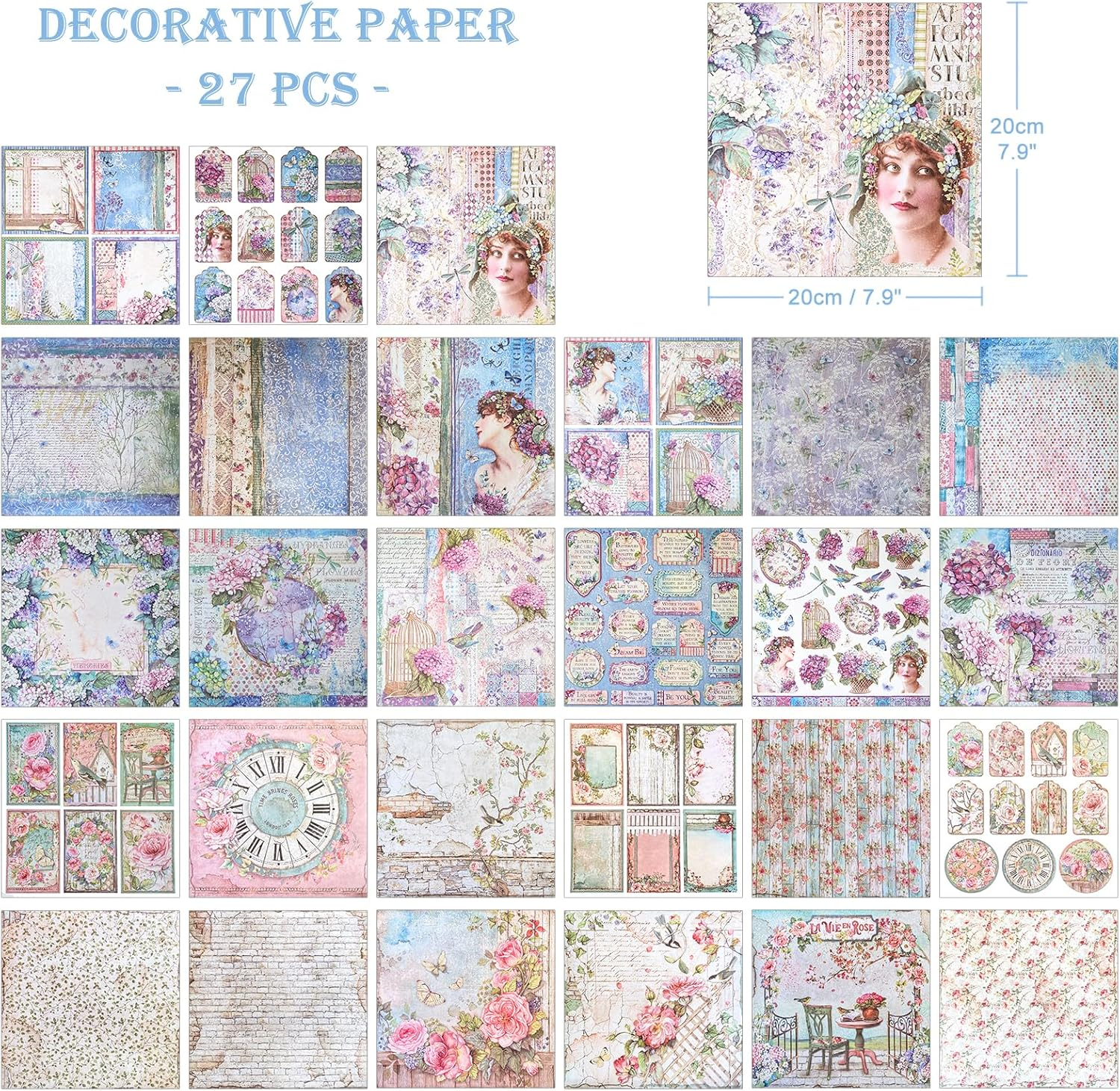 Vintage Pattern Paper Scrapbooking Paper Decorative Paper Decoupage Paper Single-Sided Various Designs No Repeat for Card Making Art and Craft Collage Gift Wrapping DIY Scrapbooking Diary (Spring) image number 6