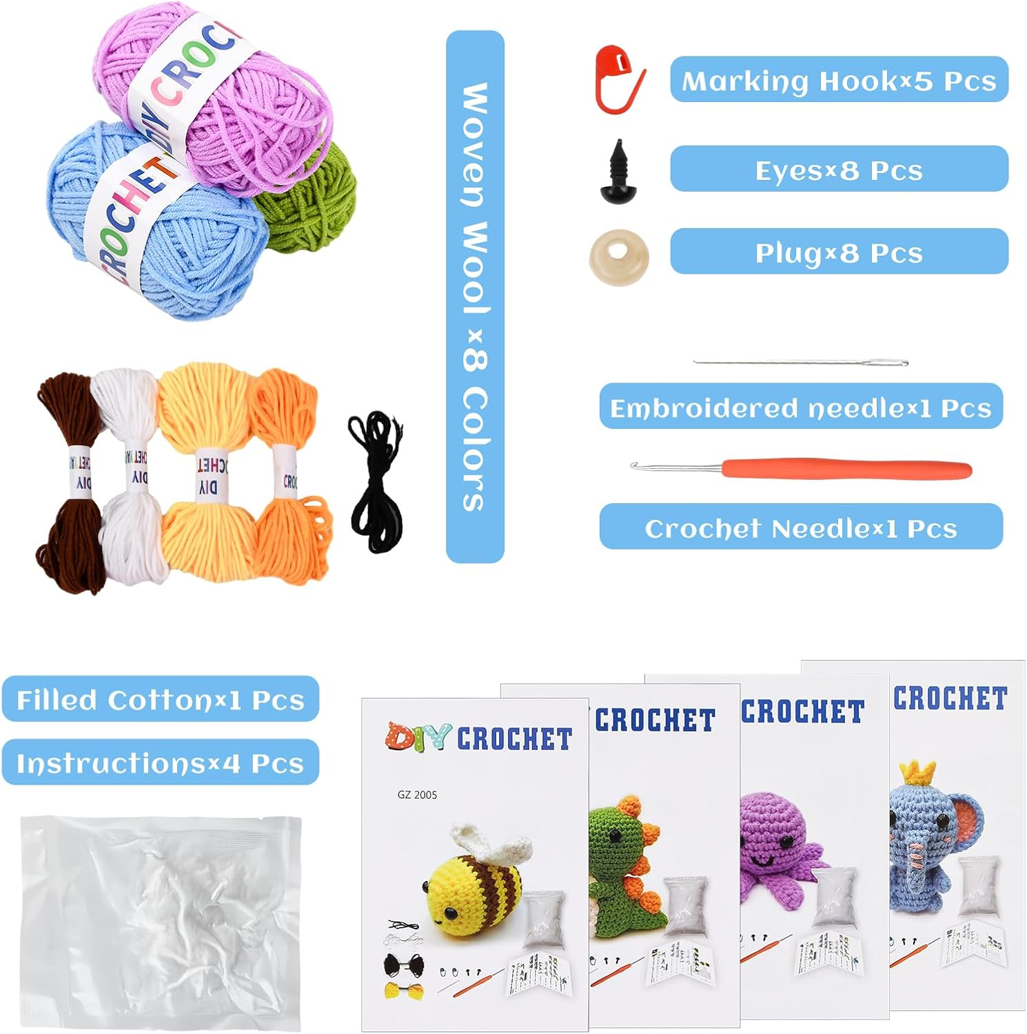 4 Pieces DIY Crochet Set with Crochet Pocket and Instructions, Knitting Set for Beginners, with 4 Different Animal Crochet Instructions (Elephant/Dinosaur/Bee/Octopus) for Beginners Animals image number 3