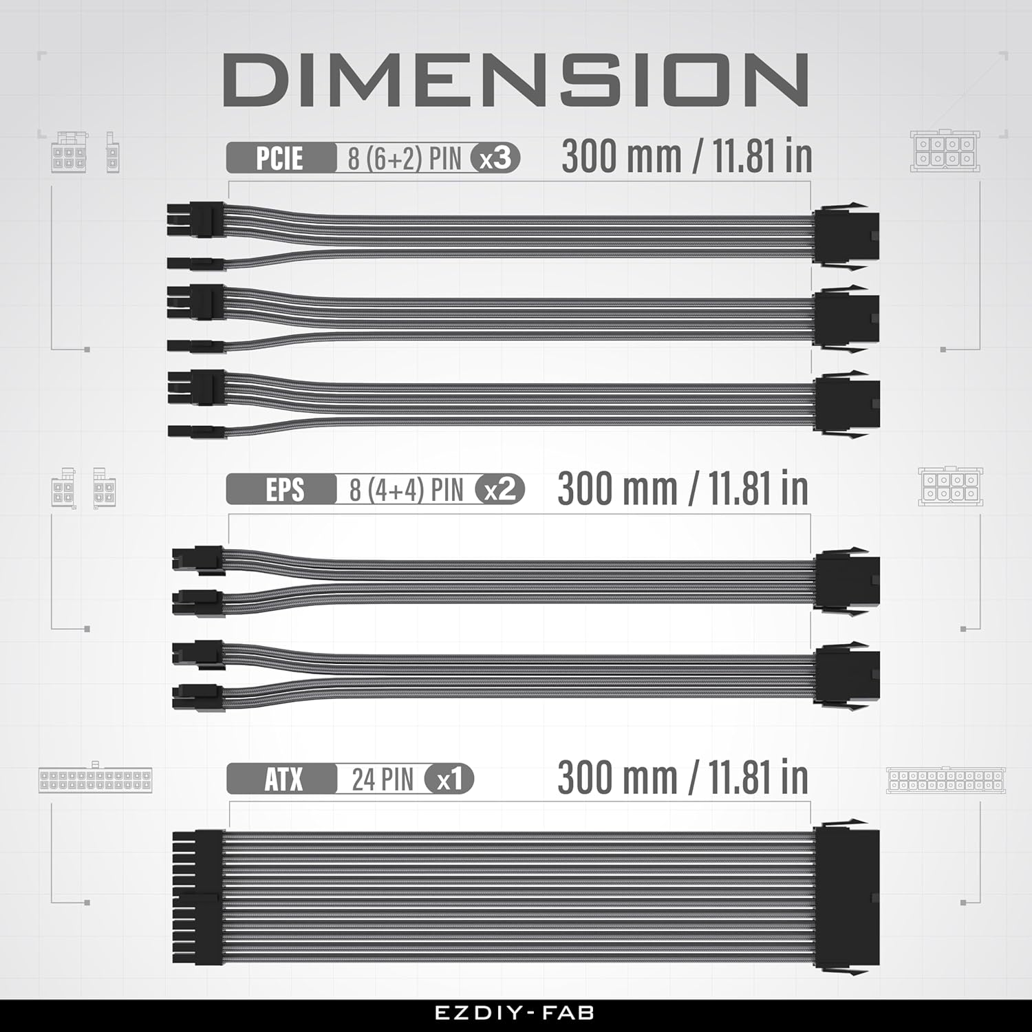 EZDIY-FAB PSU Cable Extension Sleeved Custom Mod GPU PC Power Supply Soft Nylon Braided with Comb Kit 24Pin/3X 8PIN to 6+2Pin/ 2X 8PIN to 4+4Pin-300Mm/11.8In -Carbon image number 4