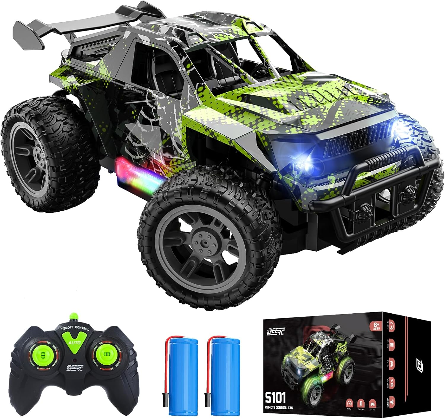 DEERC Remote Control Car with LED Colorful Lights, 1:18 RC Truck for Boys, 2.4Ghz Monster Truck Toy with 2 Batteries, All Terrain Auto Mode Off-Road Race Car, Toys Gifts for Boys Kids Girls image number 4