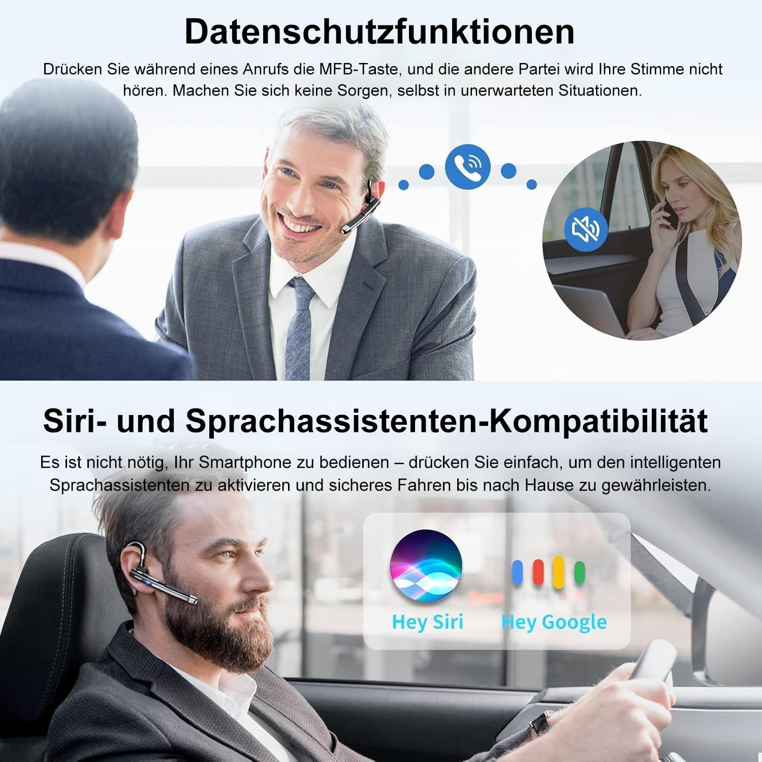 Headset Bluetooth 6.1 Wireless Headphones with CVC8.0 Microphone 100 Hours Playtime Hands-Free Mobile Phone Headset 1.5 Hours Quick Charge LED Charging Box Two Device Connection Earphones for Driving image number 3