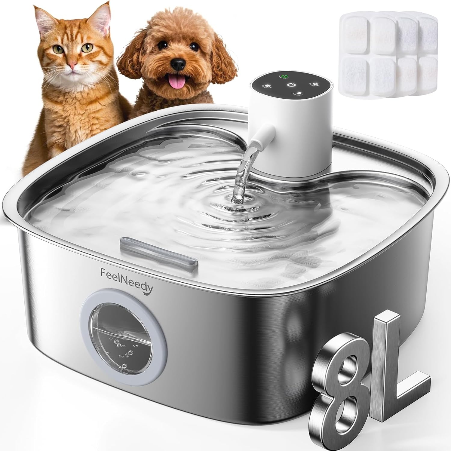 FEELNEEDY 8L Wireless Cat Fountain, 5000 Mah Drinking Fountain for Dogs with 3 Filters, Stainless Steel Cat Fountain, Dishwasher Safe, Improved Radar Sensor image number 1