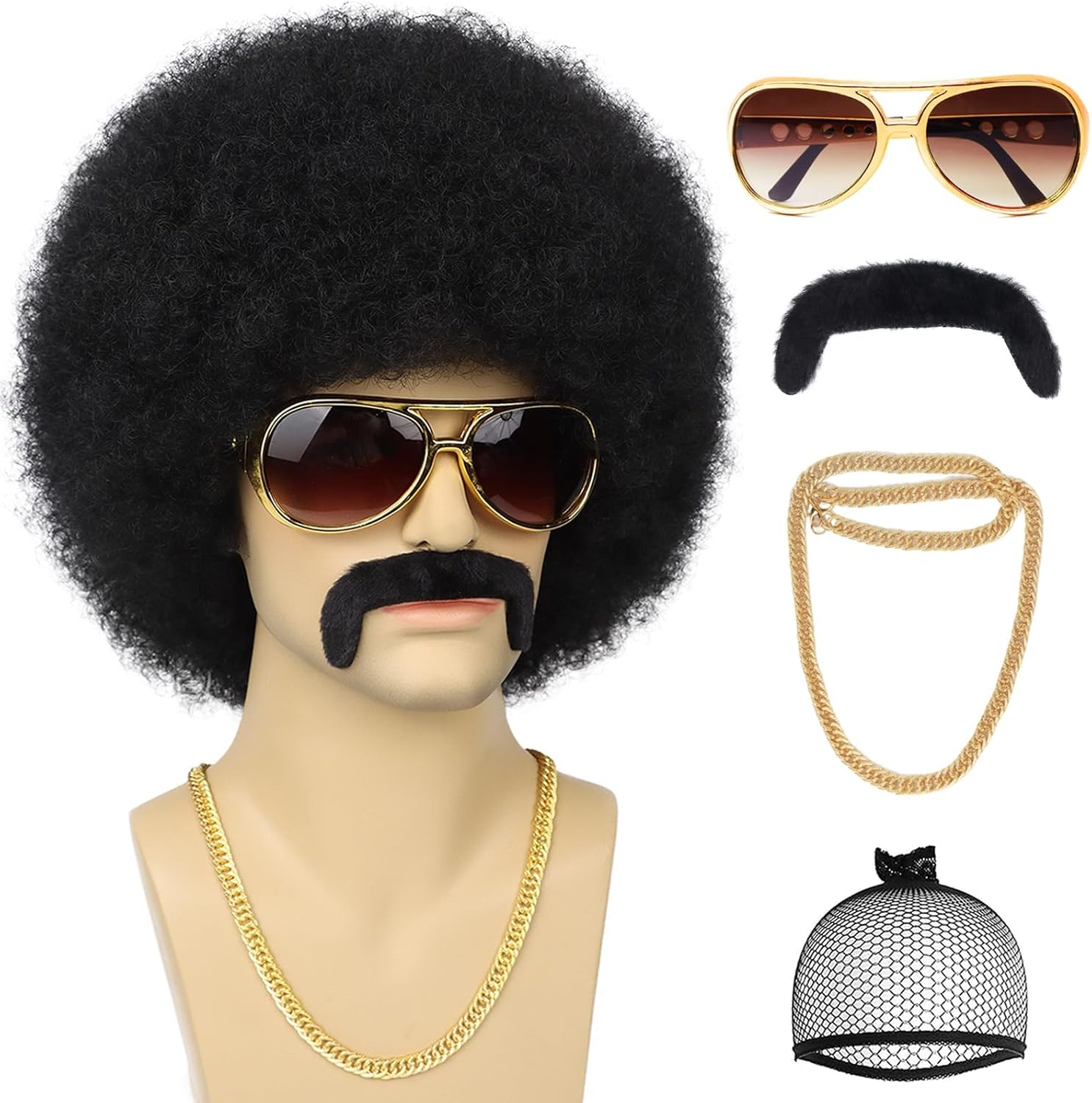 Mens Afro for 70S Rocker Disco Party 5Pcs Set (Wig+ Glasses+ Disco Necklace+ Mustache+ Wig Cap) Afro Puff Wigs for 70S 80S Halloween Costume Cosplay image number 2