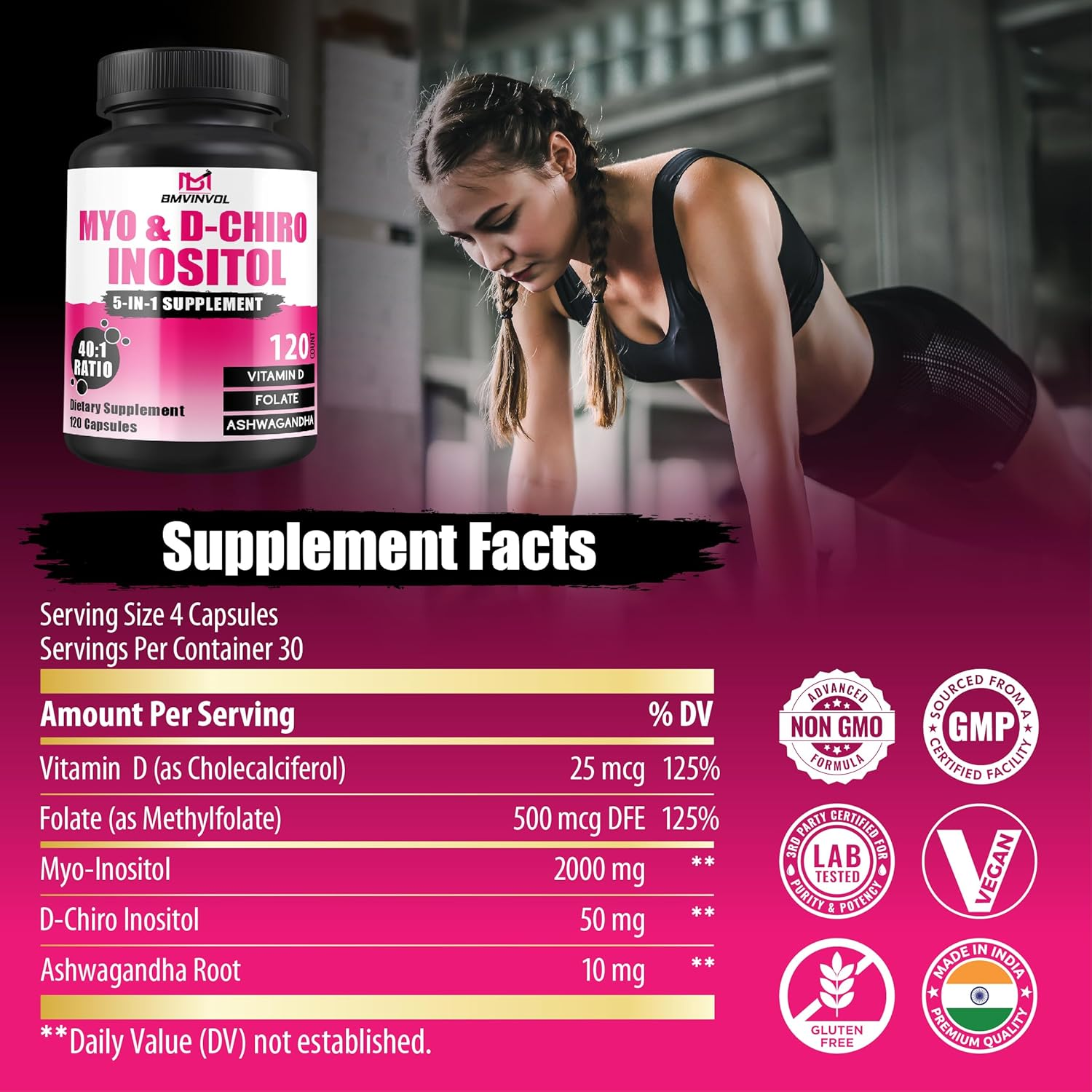 2,050Mg Myo-Inositol & D-Chiro Inositol Capsules with Folate, Vitamin D- Hormone Balance & Ovarian Support for Women - Ideal 40:1 Ratio - 120 Capsules image number 6