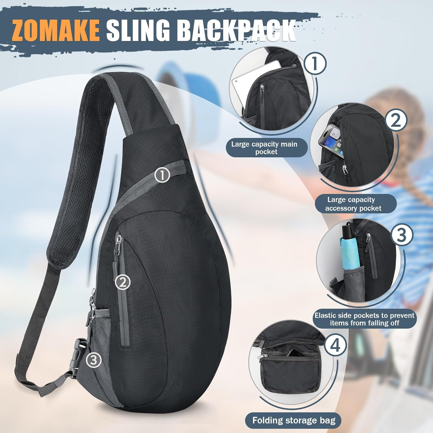 ZOMAKE Sling Backpack 10L - Small Crossbody Backpacks Waterproof Sling Bag for Women Men (Blcak)