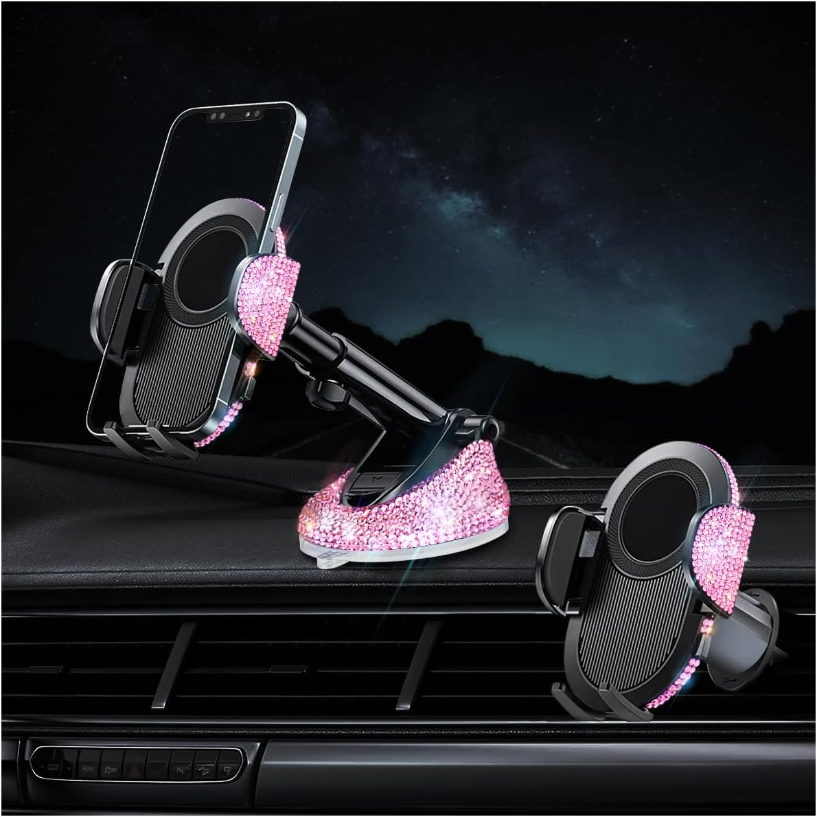 Bling Phone Holders for Car Women[Powerful Suction] [Rally Racing-Grade Stability] Sparkle Car Phone Holder Mount Dashboard Windshield Vent for Iphone All Phones (Pink Rhinestone) - Black image number 4