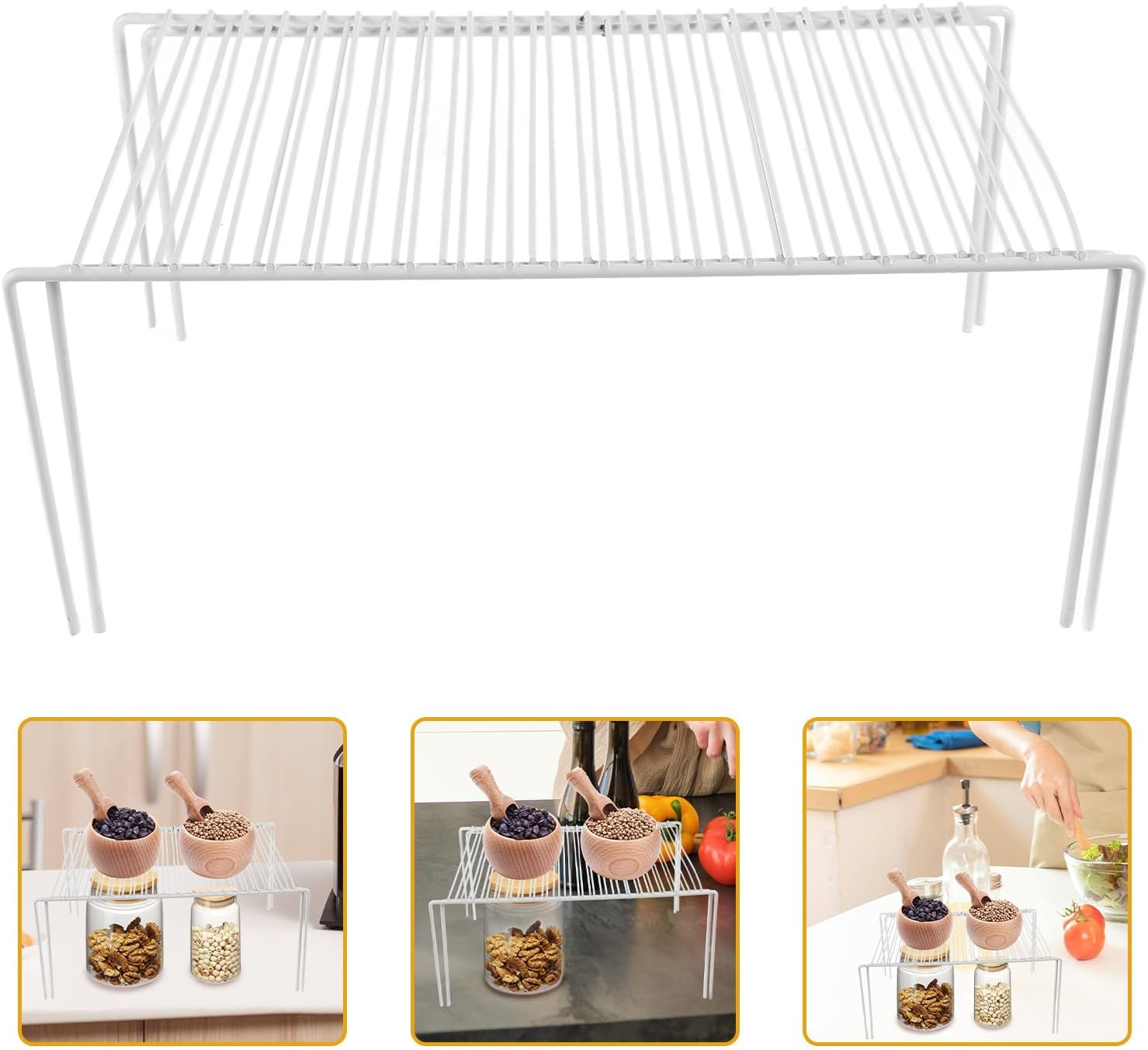 VOSAREA Expandable White Metal Kitchen Spice Rack, Retractable Wire Shelf Organizer for Cabinet and Countertop Storage, Telescopic Kitchen Cabinet Shelf for Seasoning and Utensils
