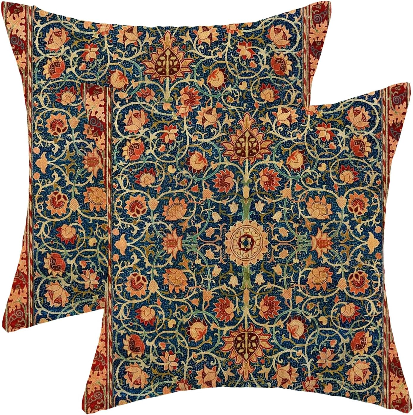 Boho Floral Pillow Covers 18X18 Set of 2, William Morris Flower Pattern Design Decorative Throw Pillows Bohemian Vintage Farmhouse Cushion Pillow Covers for Sofa Couch Bed Outdoor Decor image number 4