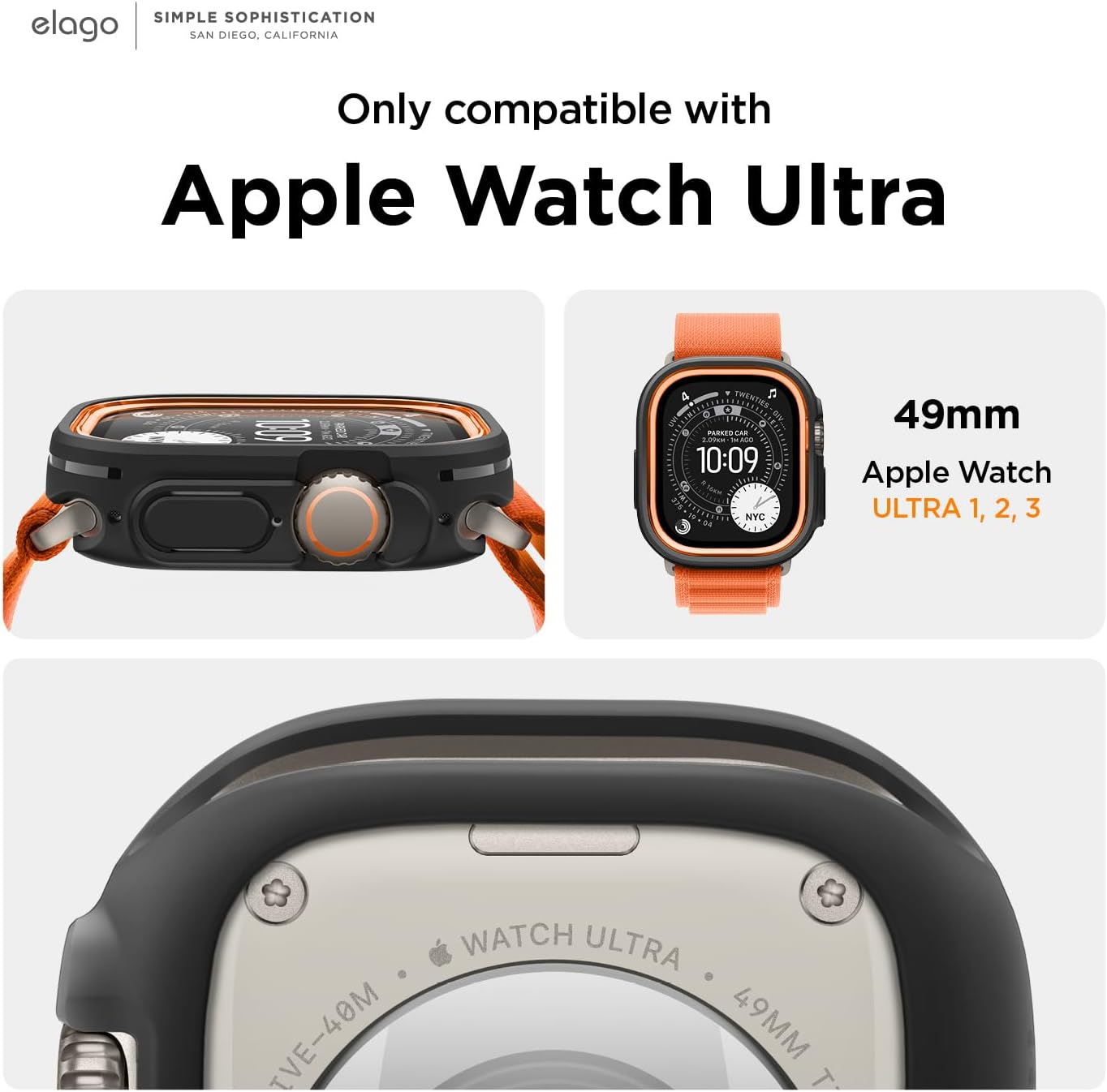 Elago Duo Case Compatible with Apple Watch Ultra 3/2/1, Full Protection (Hard PC + TPU Material), Full Access to Screen, Two Pcs Included. Strap Not Included (TPU: Black/Pc: Orange, Black)