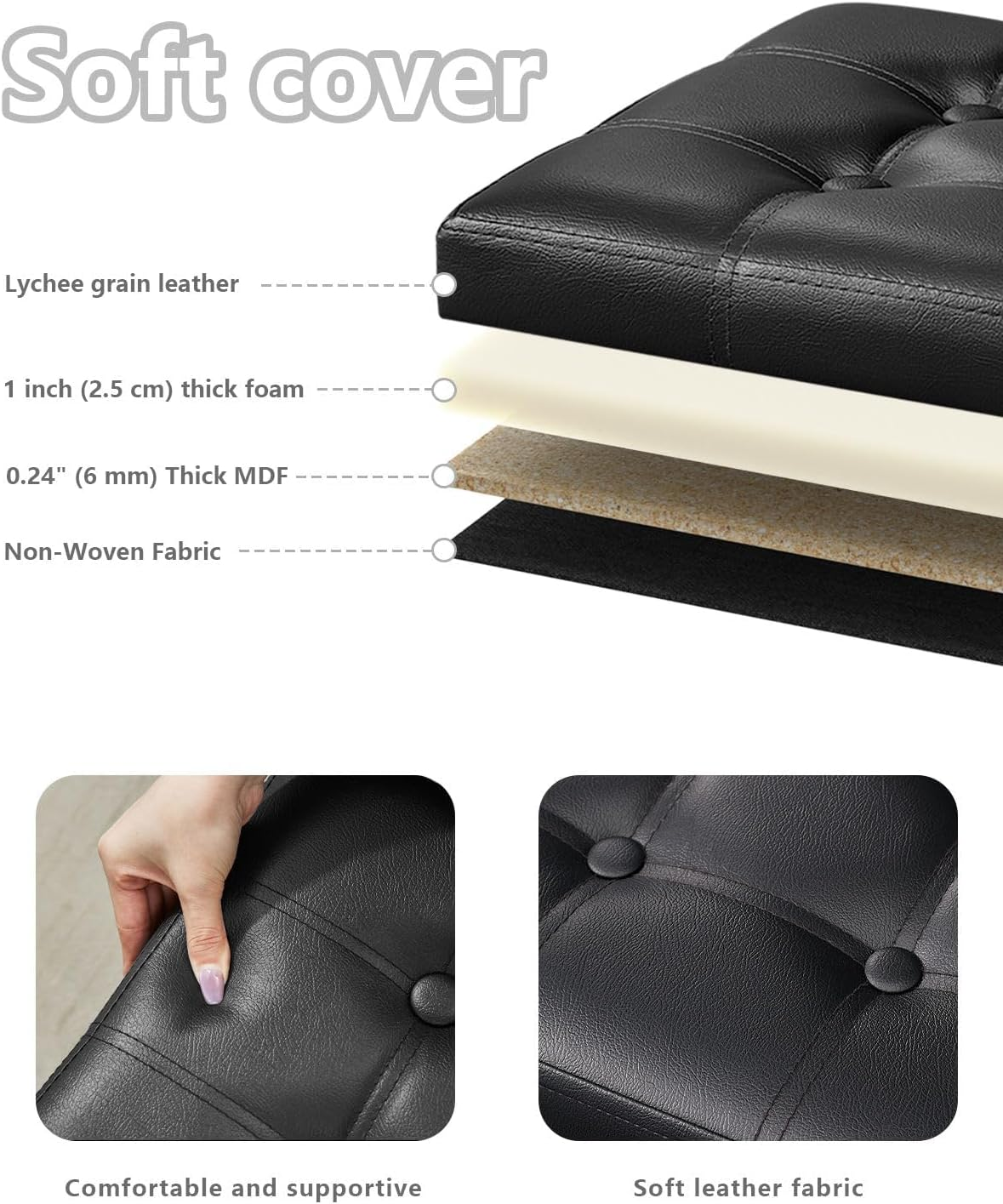 Folding Storage Foot Rest Footstool with Side Pocket, Foot Rest for Couch, Leather Ottoman Seat for Couch, Living Room Bedroom or Dorm, Padded with Thick Sponge, 17X12X12In Black