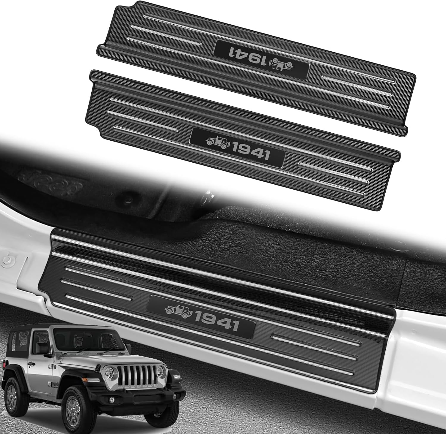 Bercicci 2PCS Door Sill Protector for Jeep Wrangler JL JLU 2018-2025 & Gladiator JT 2020-2025 Accessories Stainless Steel 2-Door Car Pedal Kick Protection (Carbon Fiber) image number 2