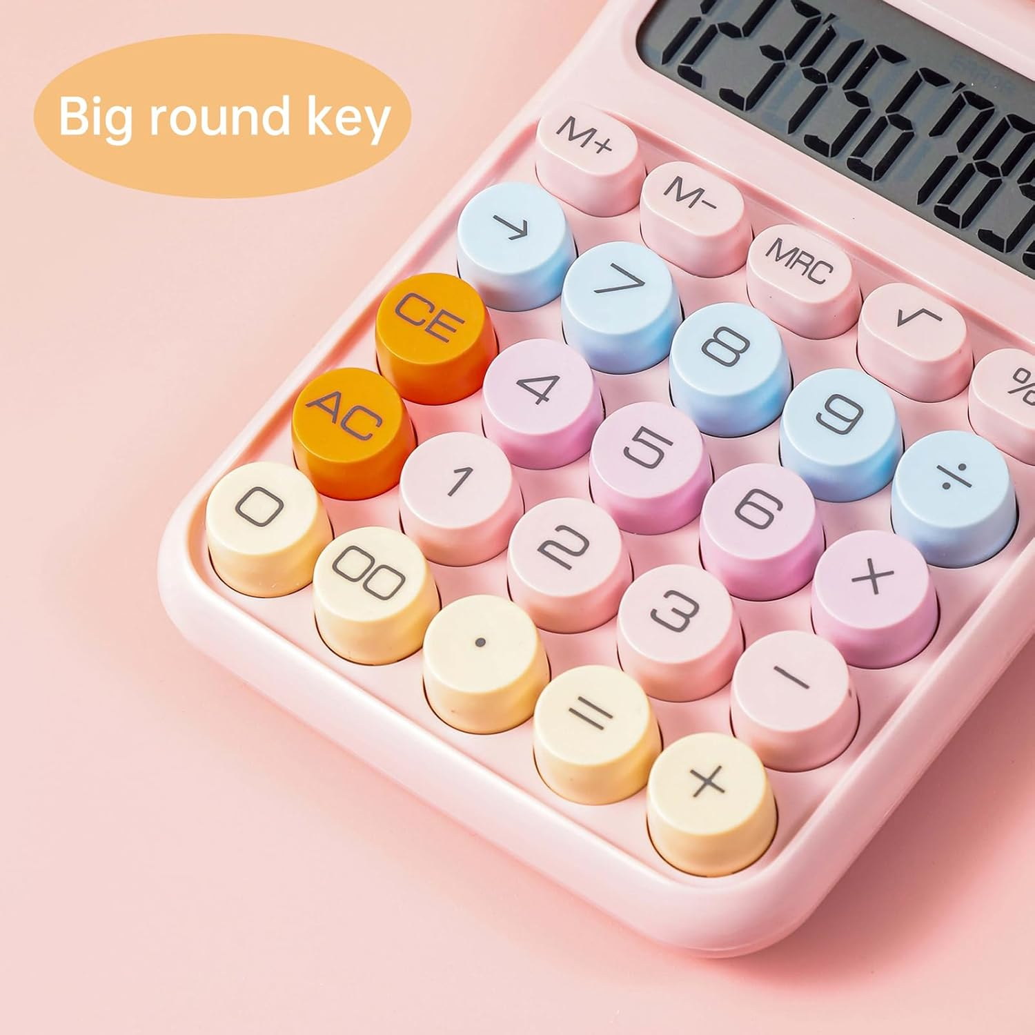 Mechanical Calculator 12 Digit Large LCD Display Big round Button Cute Candy Colored Calculator Suitable for Office School Home for Students Accountant-Yellow - Purple image number 7