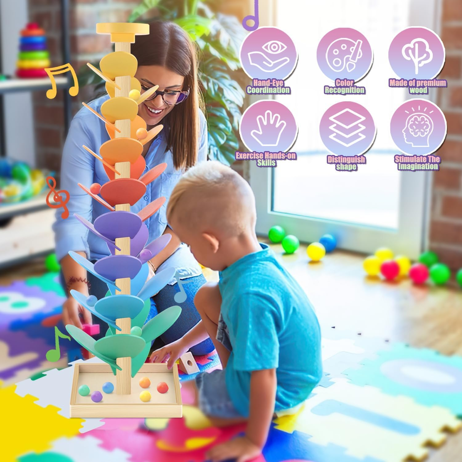 Wooden Marble Run Musical Tree Toy, Educational Ball Track Learning Game, Colour Sorting Toy for Kids 3+ Years，Children'S Gift - Wooden Puzzle image number 5