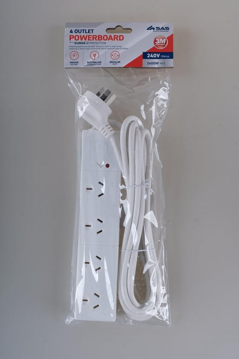 SAS Electrical 240V 10Amp 4 Outlets Power Board with Surge Protection, White, 3 Meter image number 2