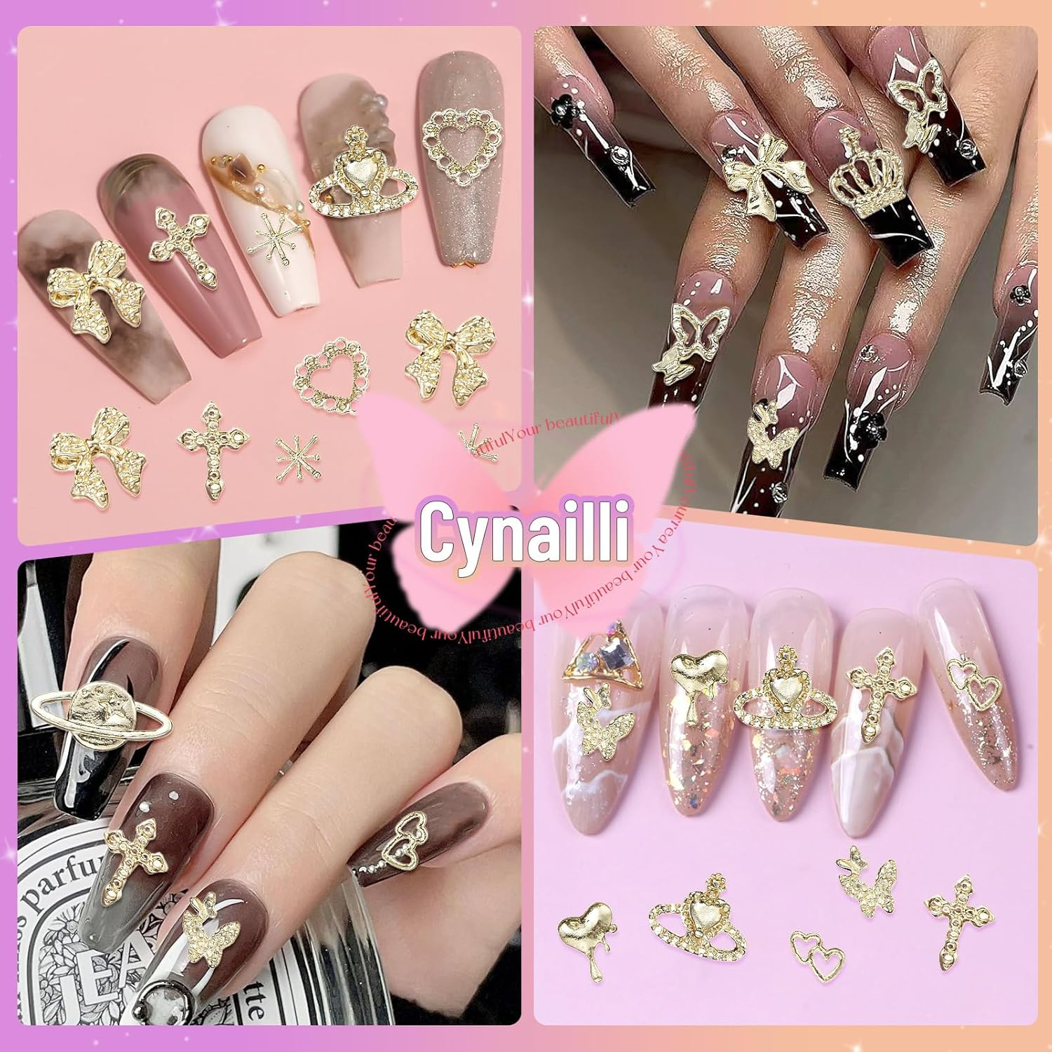 180 Pcs Gold Nail Charms and Gems, Crown Heart Bow Star Butterfly Planet Cross Alloy Nail Art Jewelry 18 Styles Metal Shiny Luxury Nail Art Decoration Y2K Fold Nail Charms for Nails Art Design image number 3