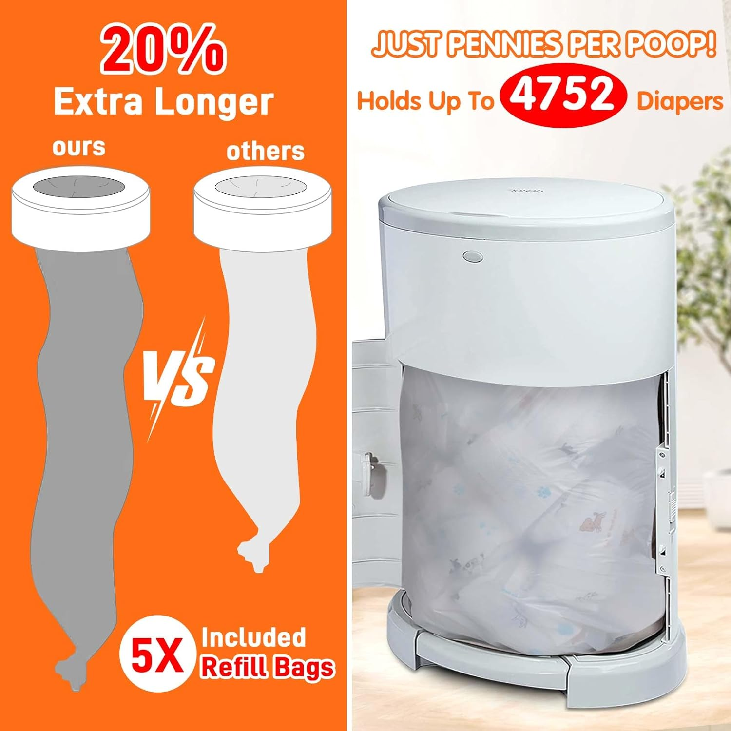 8 Pack Refills Compatible with DEKOR CLASSIC Diaper Pails | 20% Extra Length Diaper Pail Refill Bags Liners Holds 4752 Diapers | Ultimate Odor Control with Baby Scented image number 2