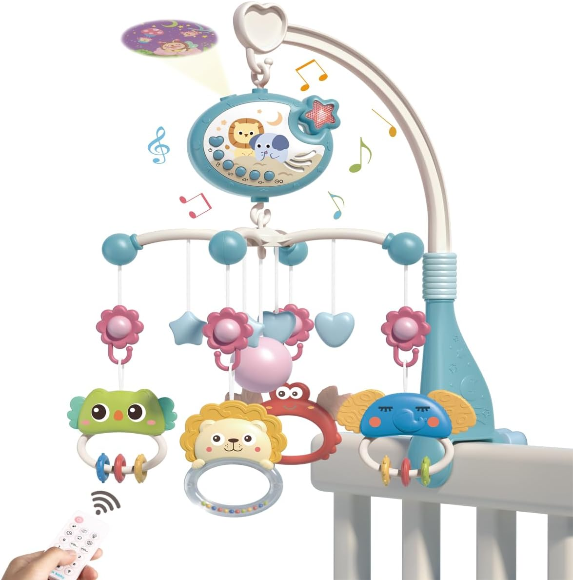 Baby Crib Mobile with Remote Control, Star Projector Timing Function, Musical Mobile for Bed with Light and Melodies, Hanging Rotating Rattles Toys for Newborns(Red)