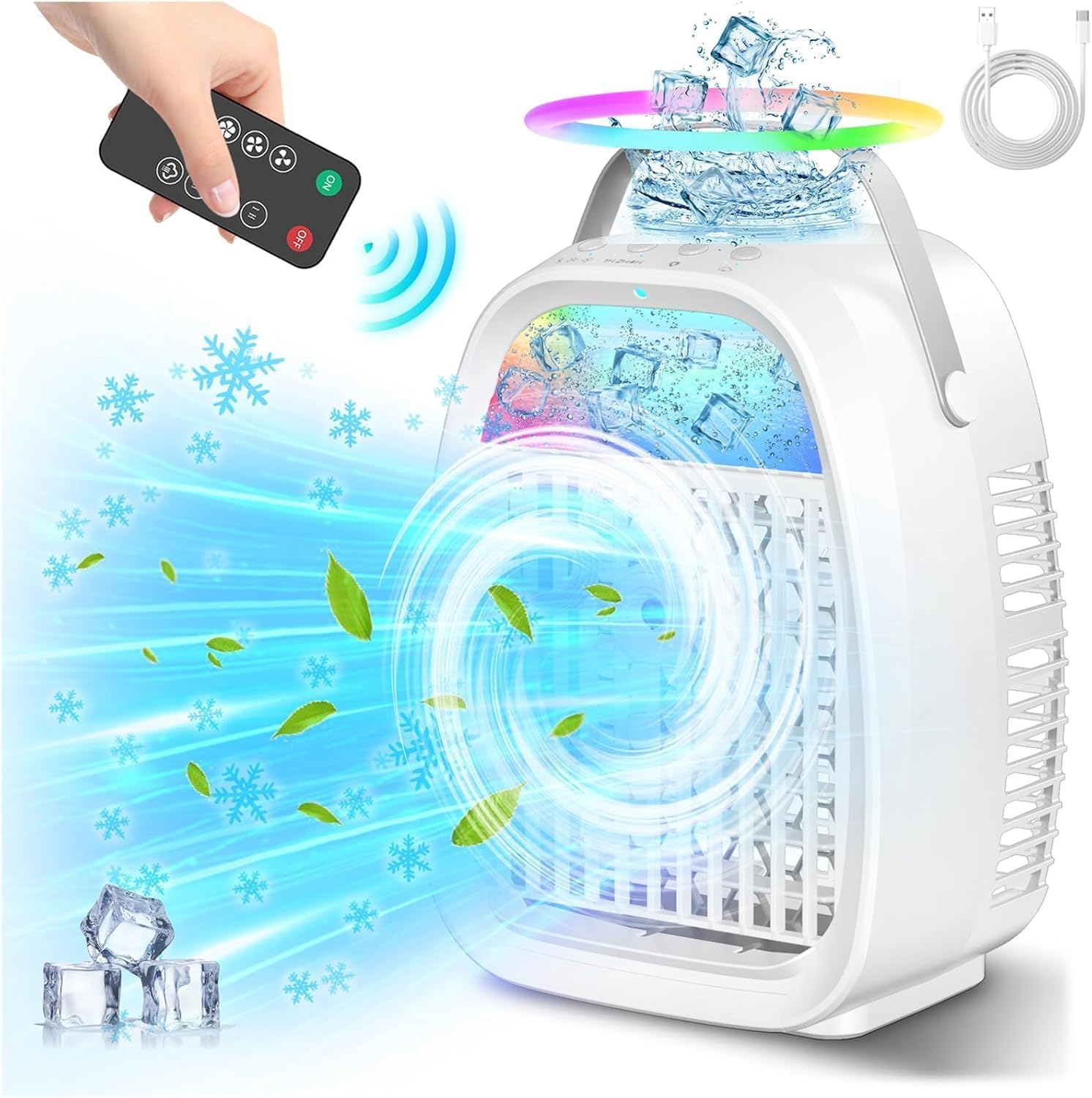 Portable Air Conditioner Fan, 3 Speeds & 2 Mist Modes Quiet & Powerful Air Conditioner Portable 1100Ml Water Tank for Room Home Office Indoor Use, USB Powered Mini Evaporative Air Cooler with Remote image number 1