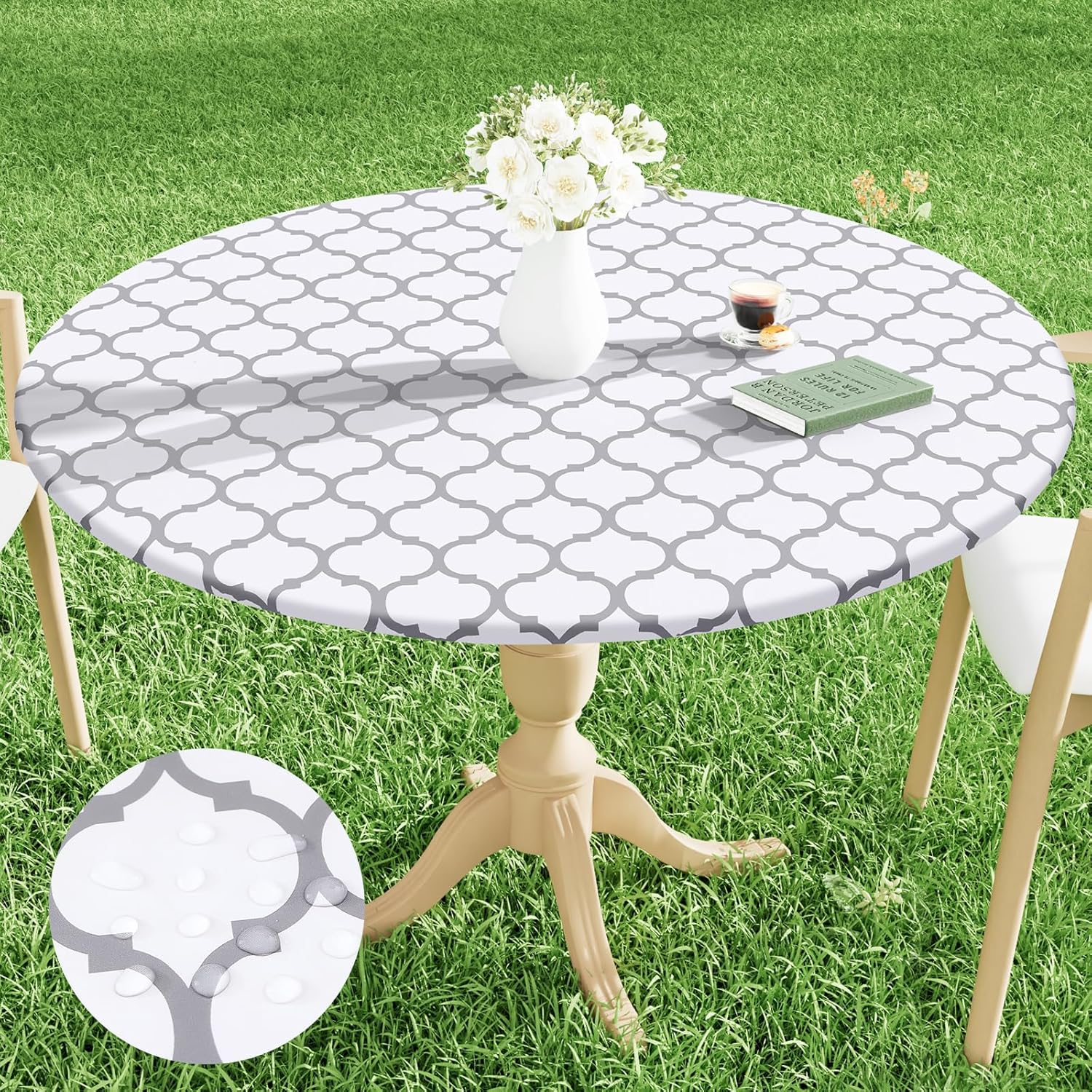 Smiry round Picnic Tablecloth, Waterproof Elastic Fitted Table Covers for 36" - 44" Tables, Wipeable Flannel Backed Vinyl Tablecloths for Camping, Indoor, Outdoor, White image number 2