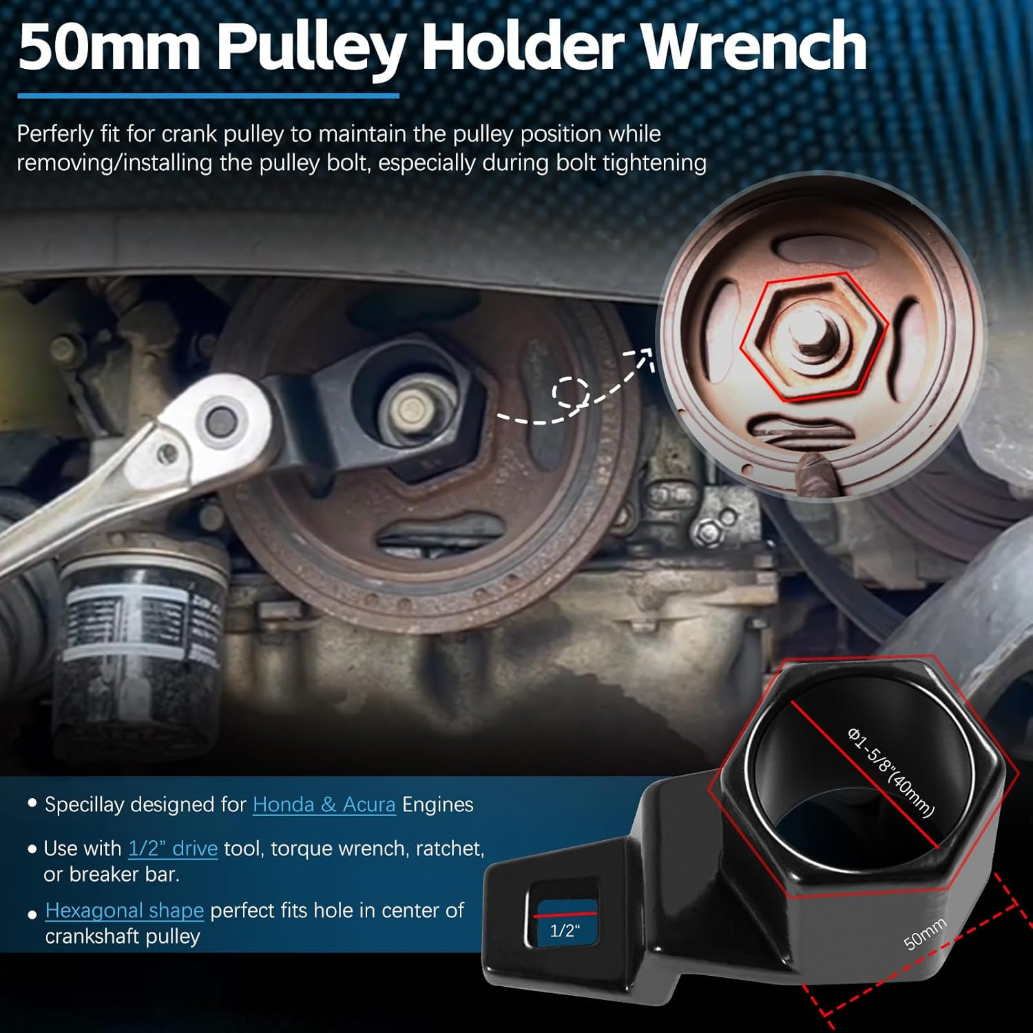 19 Mm Harmonic Balancer Socket & 50Mm Crankshaft Crank Pulley Wrench Holder for Honda and Acura Engines image number 6