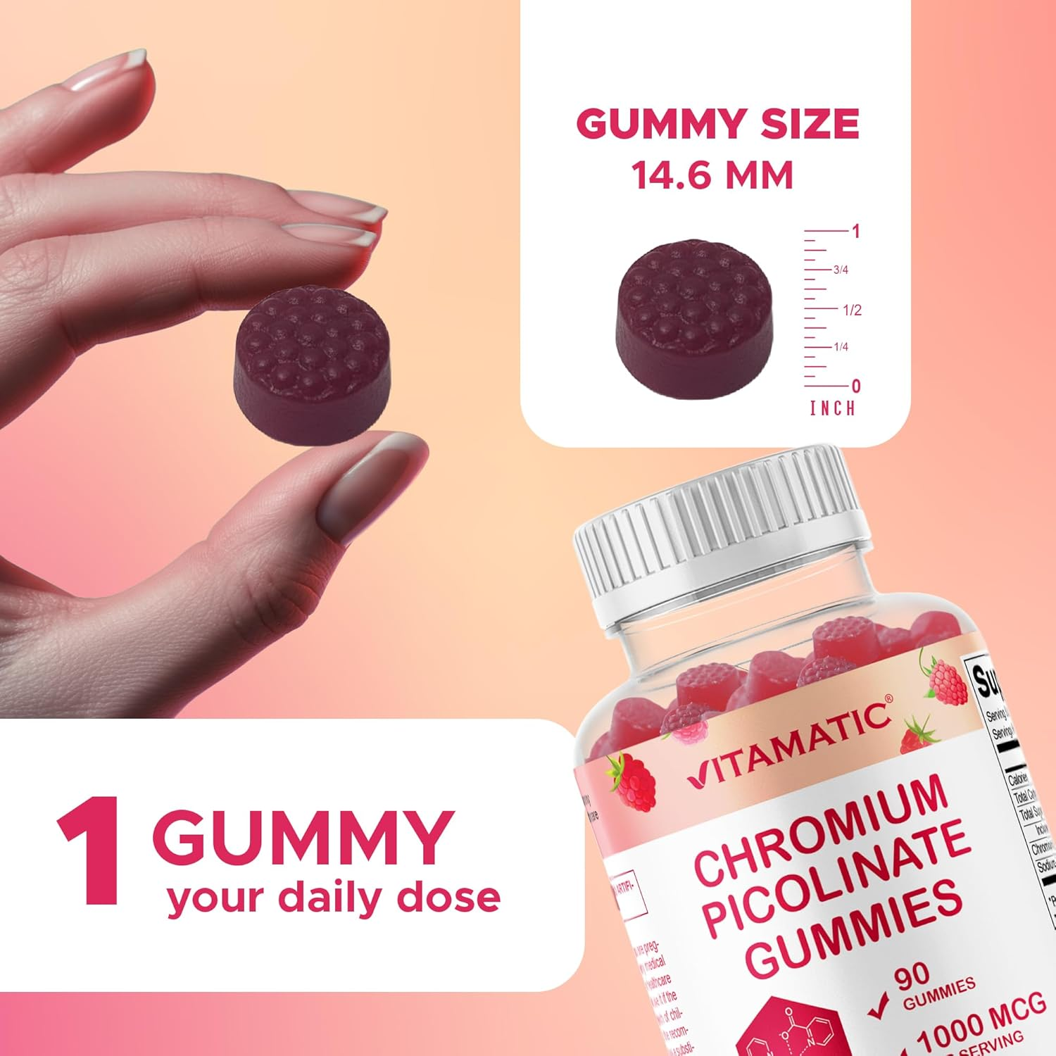 Vitamatic Chromium Picolinate 1000 Mcg - 90 Gummies - High Potency Chromium - Raspberry Flavor image number 3
