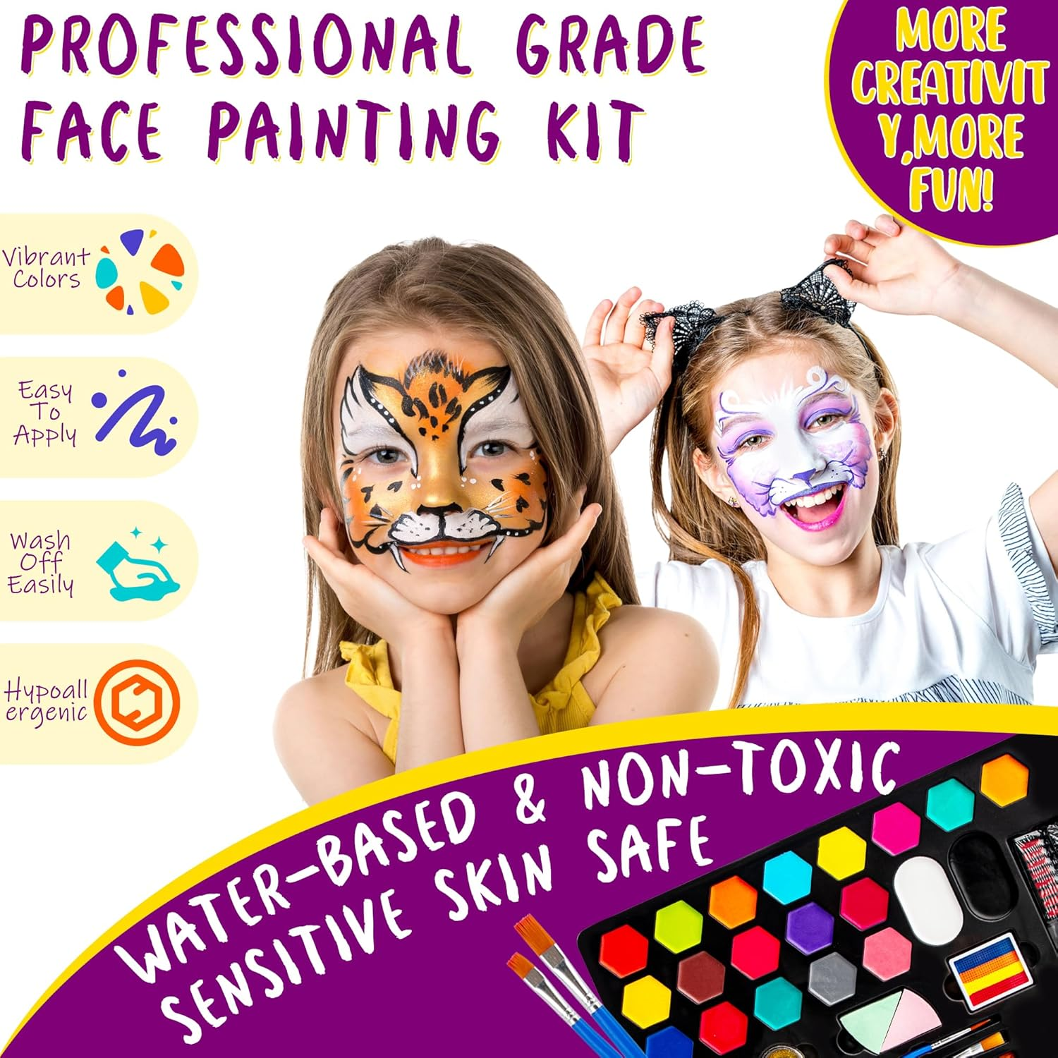 Face Painting Kit for Kids - 20 Colors Water Based Non Toxic Face Paint Kit, Face Painting Kit Professional Includes Hair Chalks,Brushes,Stencils & Tattoos - Party Halloween Christmas Makeup Kit image number 2